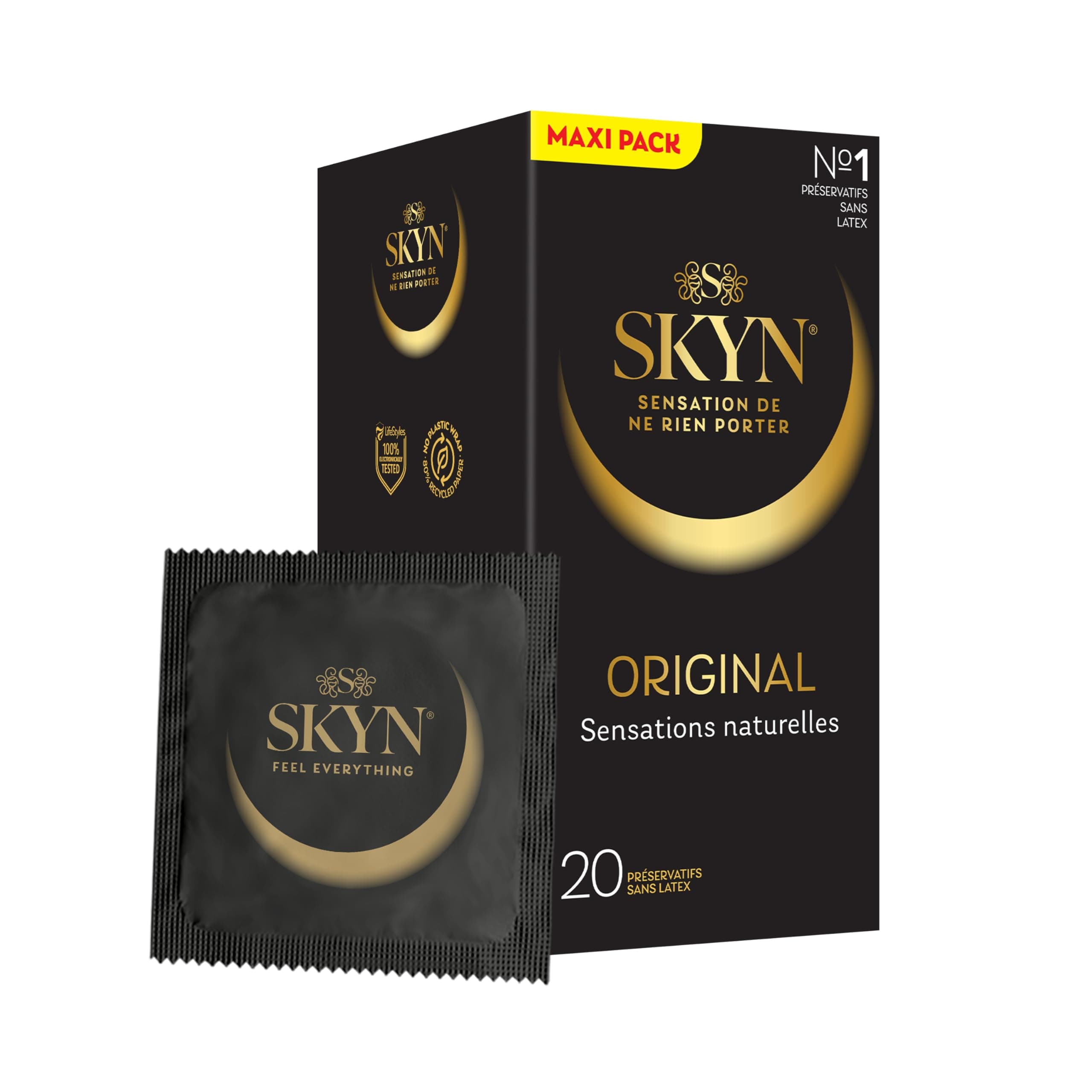 SKYN Original : Lot de 20 Préservatifs sans latex SKYNFEEL pour homme / Taille régulière, préservatifs résistants, fins et lisses de forme droite / Diamètre 53mm