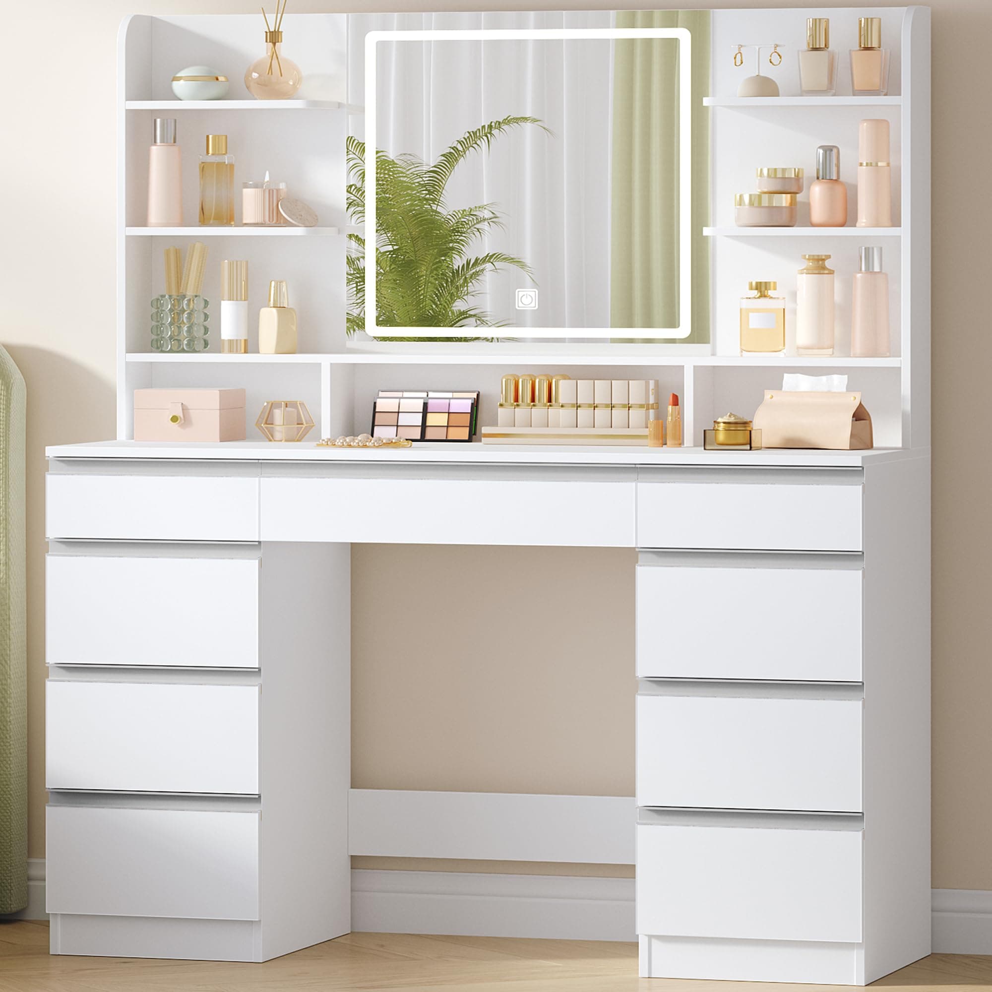 Hzuaneri Grande Coiffeuse avec Éclairage LED, 3 Couleurs, Luminosité Réglable, Miroir, 9 Tiroirs, 9 Étagères Ouvertes, Blanc-Argent DT41903W