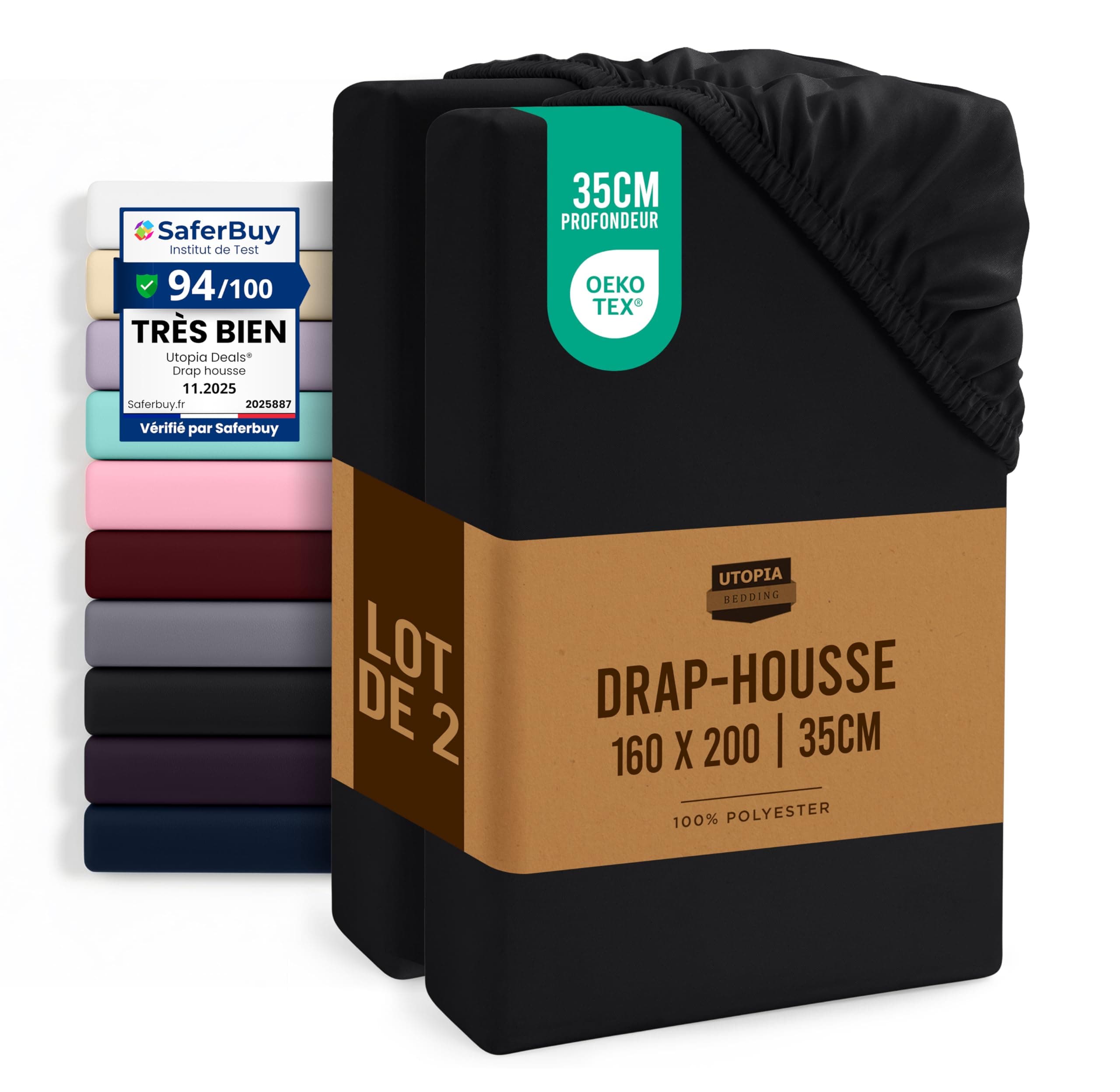 Utopia Bedding Lot de 2 Drap Housse - Noire, 160 x 200 cm - Coupes de 35 cm pour Matelas épais - Certifié Oeko-Tex - Polyester Microfibre brossée