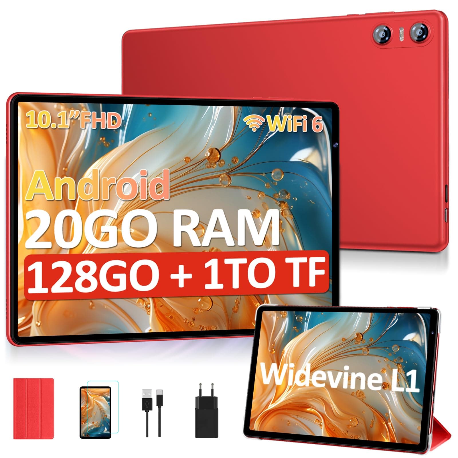 SKYEGG Tablette 10 Pouces Android avec 20 Go RAM+128 Go ROM (Extensible Jusqu'à 1 to), Octa-Core, Widevine L1, Wi-FI 6, BT 5.0, 6000 mAh, 5MP+8MP, Tablette Tactile avec étui de Protection, Rouge