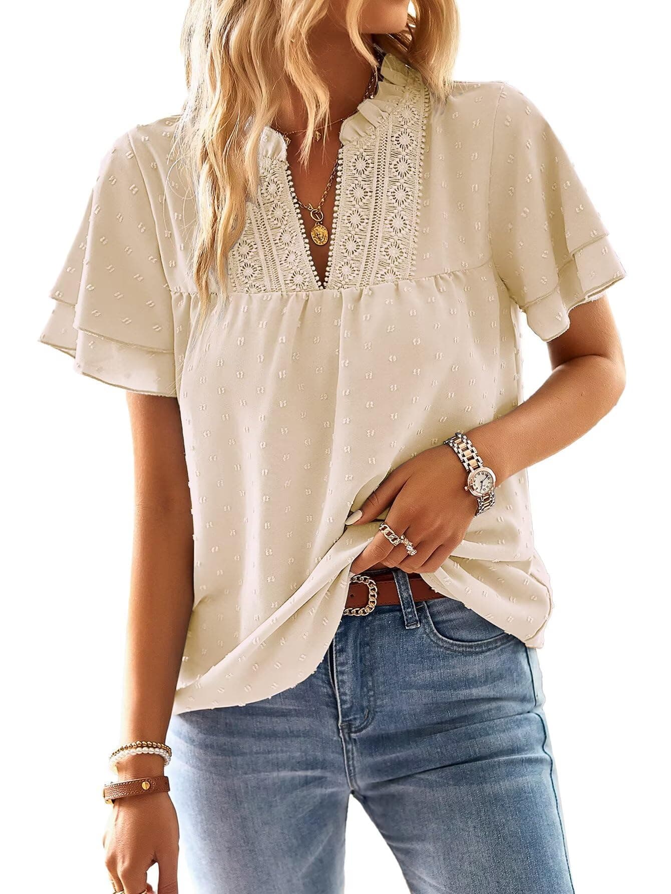 TUUHAW Chemisiers et Blouses Femme à Manches Courtes d'Été Col en V Tunique Bohème Fluide Chemise Élégant Lâche Plissé Blouse