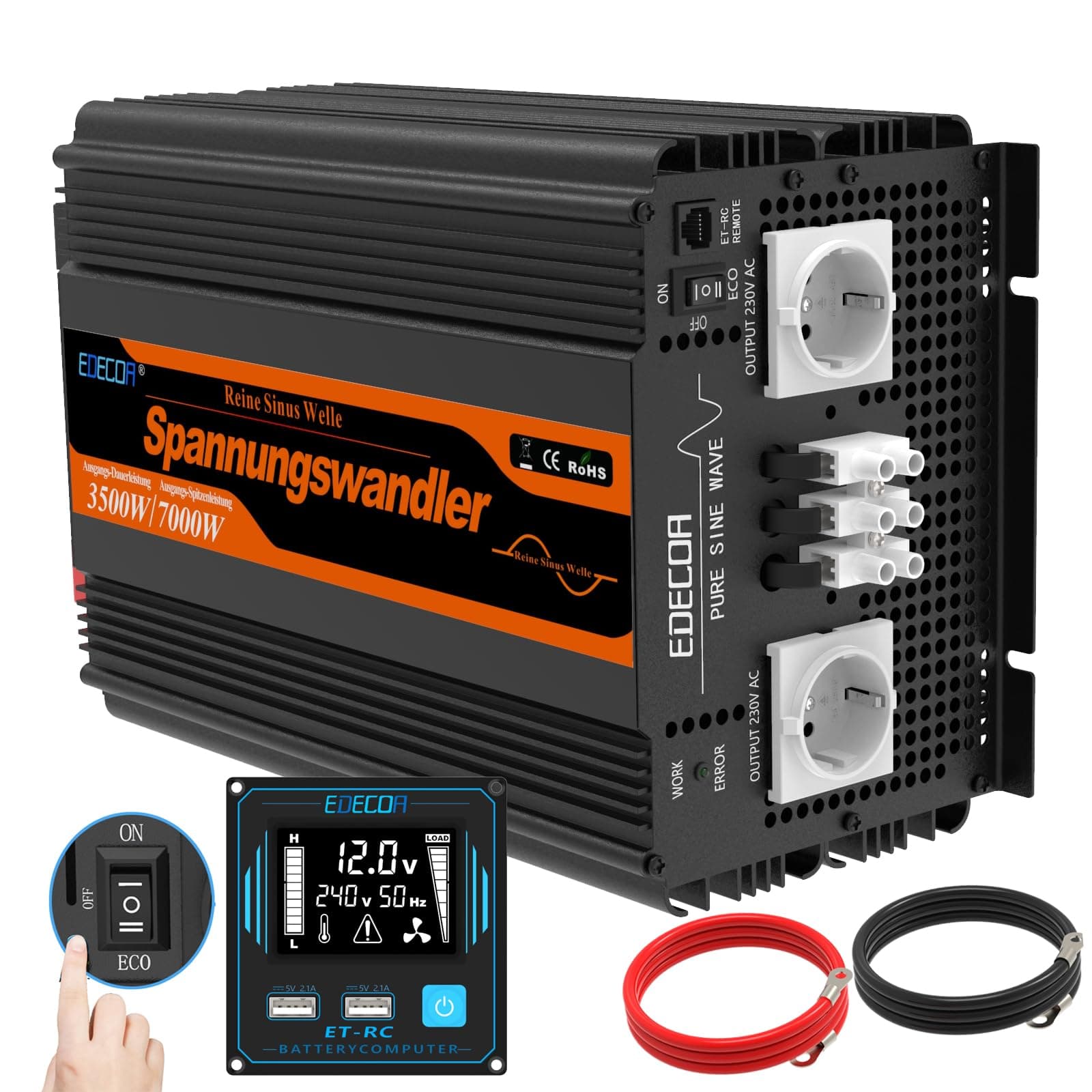 EDECOA Inverter 12v 220v Onda Pura inverter di potenza 3500w con Telecomando 2x USB per roulotte, pannelli solari Convertitore di pontenza 12v 230v (nuovo telecomando)