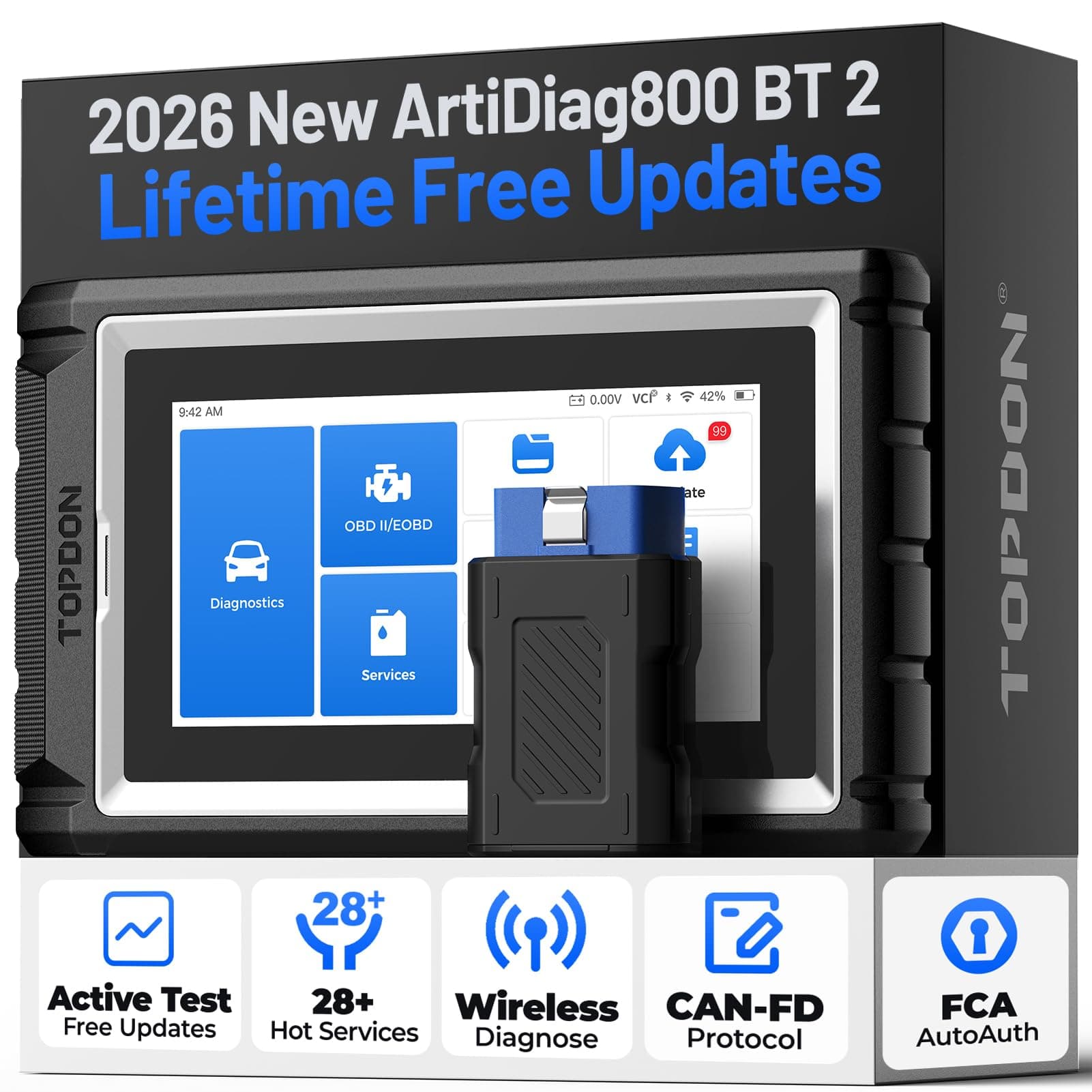 TOPDON AD800BT 2 OBD2 Diagnostica Auto, Aggiornamenti gratuiti a vita | diagnosi auto bidirezionale bluetooth con 28+ Servizi di Reset, Completa del sistema,FCA AutoAuth, CANFD