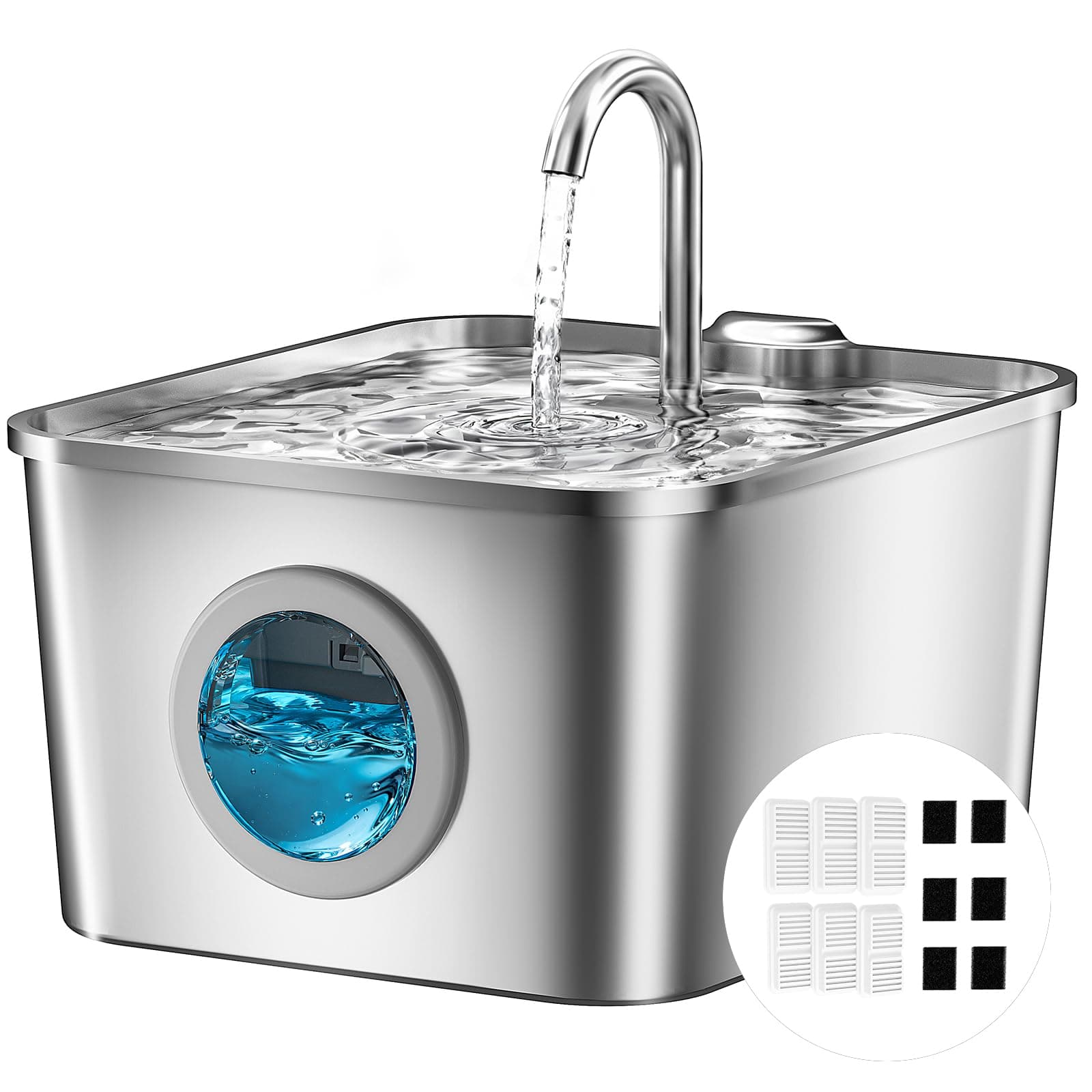 Fontanella per Gatti Acciaio Inox: 2,6L Fontana per Gatti, Ultra Silenzioso, Quadruplo Filtrazione, Cavo Automatico Fontanella Gatto con Rubinetto 6 Filtri e 6 Spugne LED, Facile da Pulire