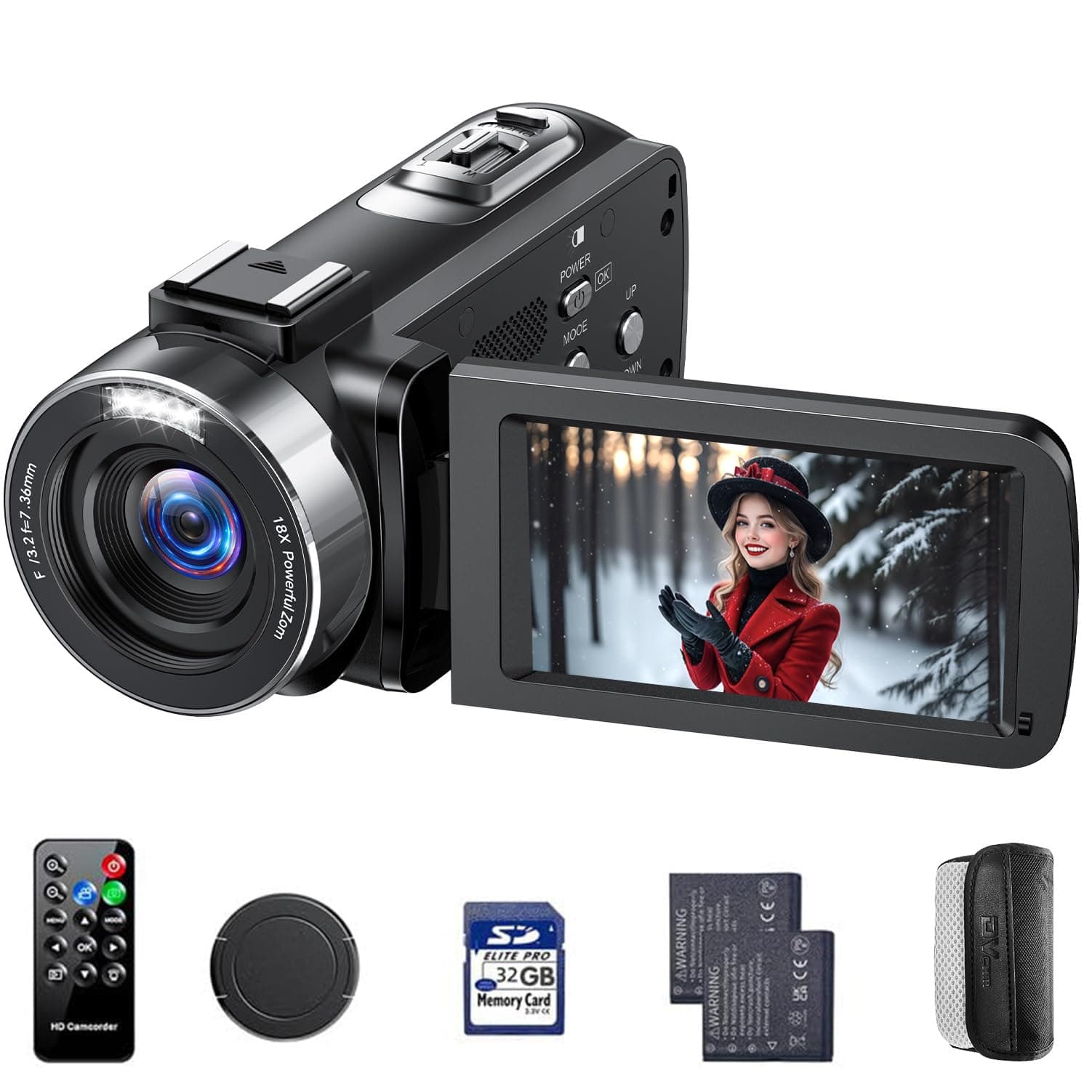 Cámara de Video 4K, Cámara Video 42MP para Vlogging con Zoom Digital 18x y Pantalla Giratoria 270° - Videocámara YouTube con Luz LED, Función Webcam, 2 Baterías, Tarjeta SD 32GB y Mando a Distancia