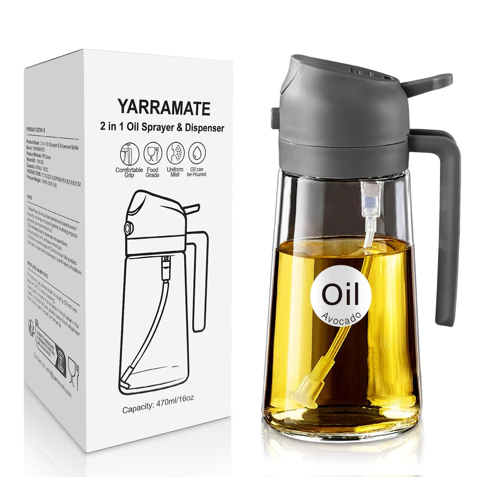 YARRAMATE Pulverizador de Aceite para Cocinar, Botella Dispensadora de Aceite de Oliva 2 en 1 para Cocina (05_Gris)