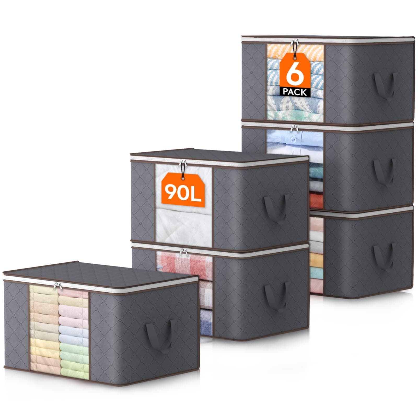 Lifewit 6 Stück 90L Aufbewahrungstasche, Aufbewahrungsbox mit Deckel, Groß Kleideraufbewahrung Umzugskartons, Faltbare Aufbewahrung Boxen für Bettdecken Decken Kleidung Unterbett Kleiderschrank, Grau