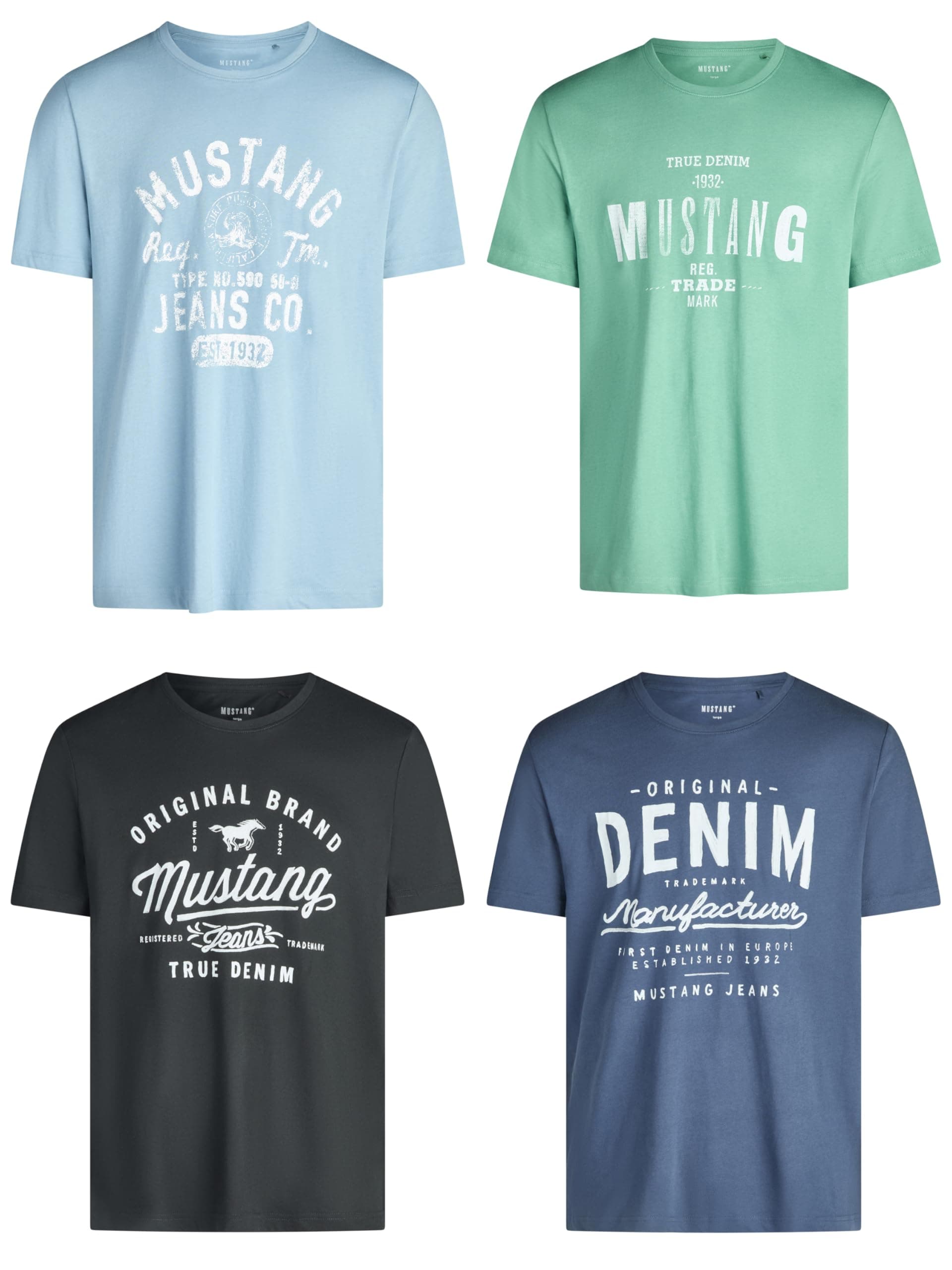 MUSTANG Tshirt Herren Baumwolle Regular Fit 4er Pack Set Rundhals Kurzarm Sommer Tee Shirt Logoprint Schwarz Weiß Grau Blau Grün S M L XL XXL 3XL 4XL 5XL 6XL