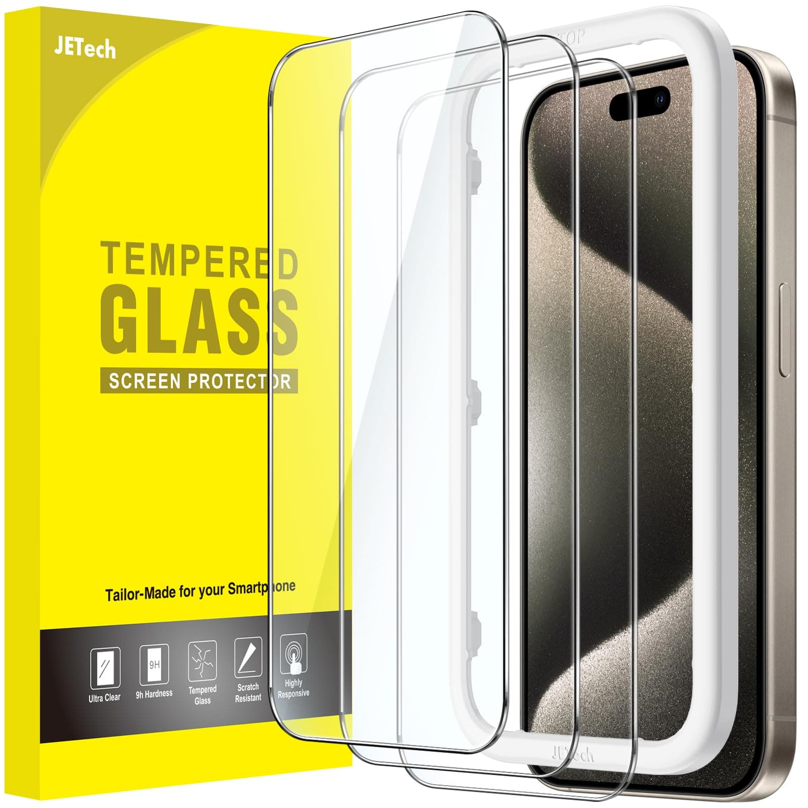 JETech Protection D'écran pour iPhone 15 Pro Max 6,7 Pouces, Film en Verre Trempé avec Outil d'Installation Facile, Compatible Coque, Transparent HD, Lot de 3