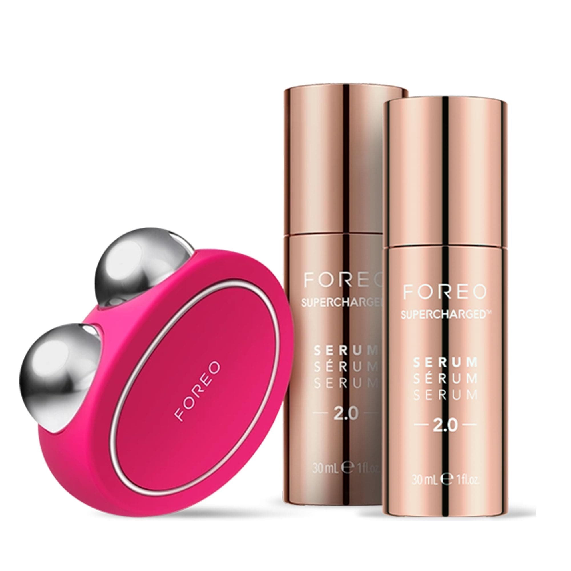 FOREO Set Reafirmante BEAR - Dispositivo de microcorrientes facial BEAR + 2x sérum conductor 30 ml con acido hialuronico- Masajeador facial antiedad - Skin care set - Fuchsia