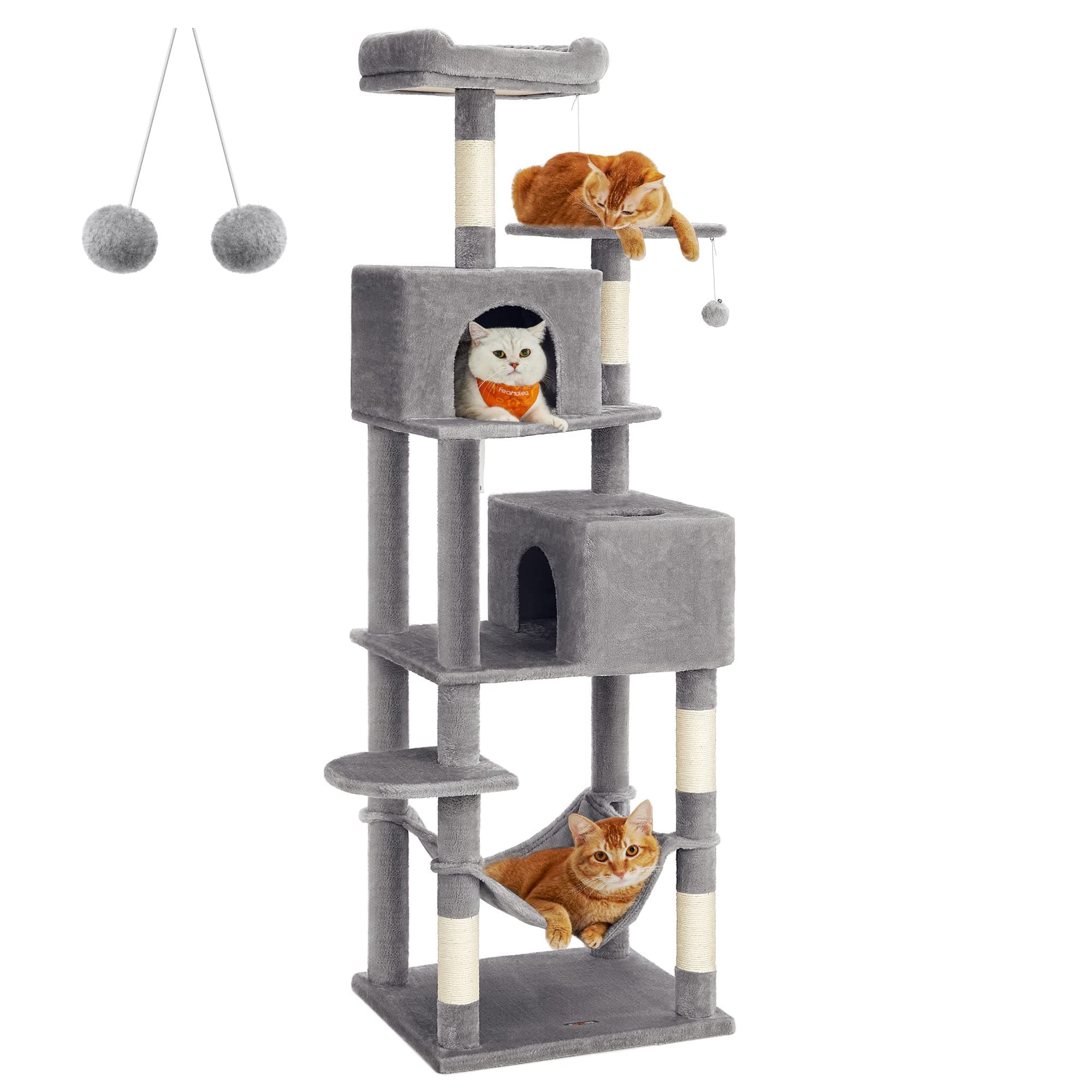 Feandrea Árbol para Gatos de 191 cm de Altura, Rascador para Gatos con 5 Postes, 2 Plataformas, 2 Cuevas, Hamaca, 2 Pompones, Felpa Multicapa, Gris Claro PCT191W01