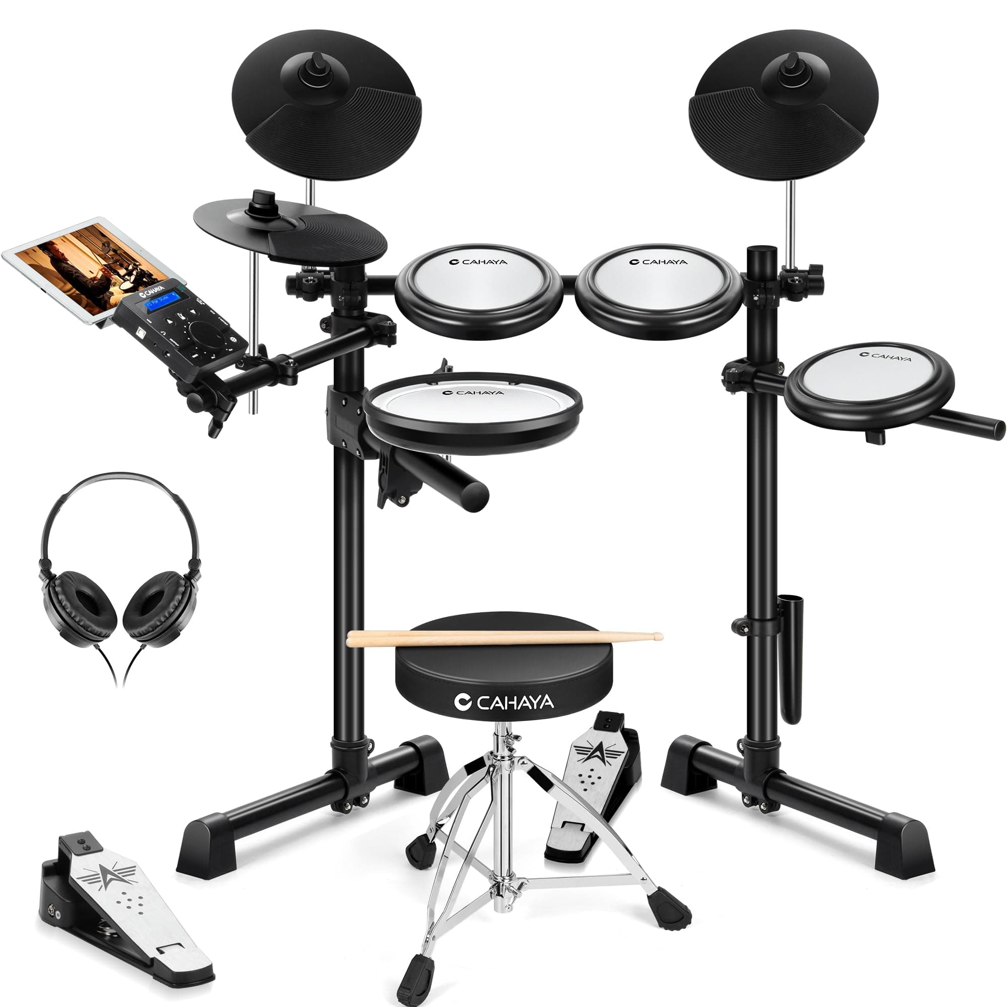CAHAYA Batterie Électronique Kit Débutants – Avec Tabouret, Cymbales Double Déclencheur & Grosse Caisse Double Déclencheur, Peaux Maillées Silencieuses, 350 Sons, USB/MIDI & Casque, Portable