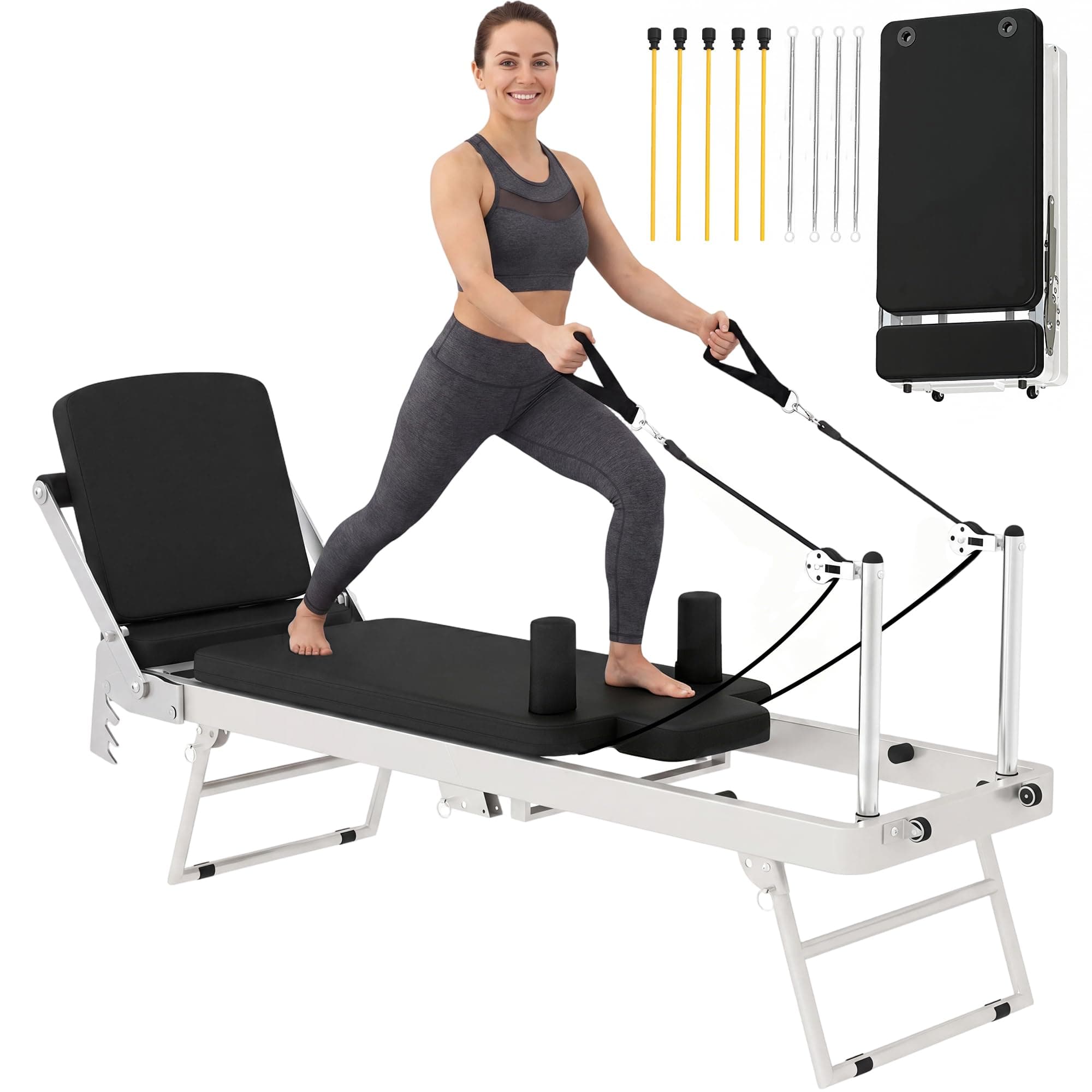 SPORTNOW Machine Reformer Pilates Pliable, Système Hybride 4 Ressorts & 5 Cordes - Appareil de Pilates en Acier Haute Stabilité, Silencieux - Design Ultra-Compact 103cm pour Petit Espace, Blanc