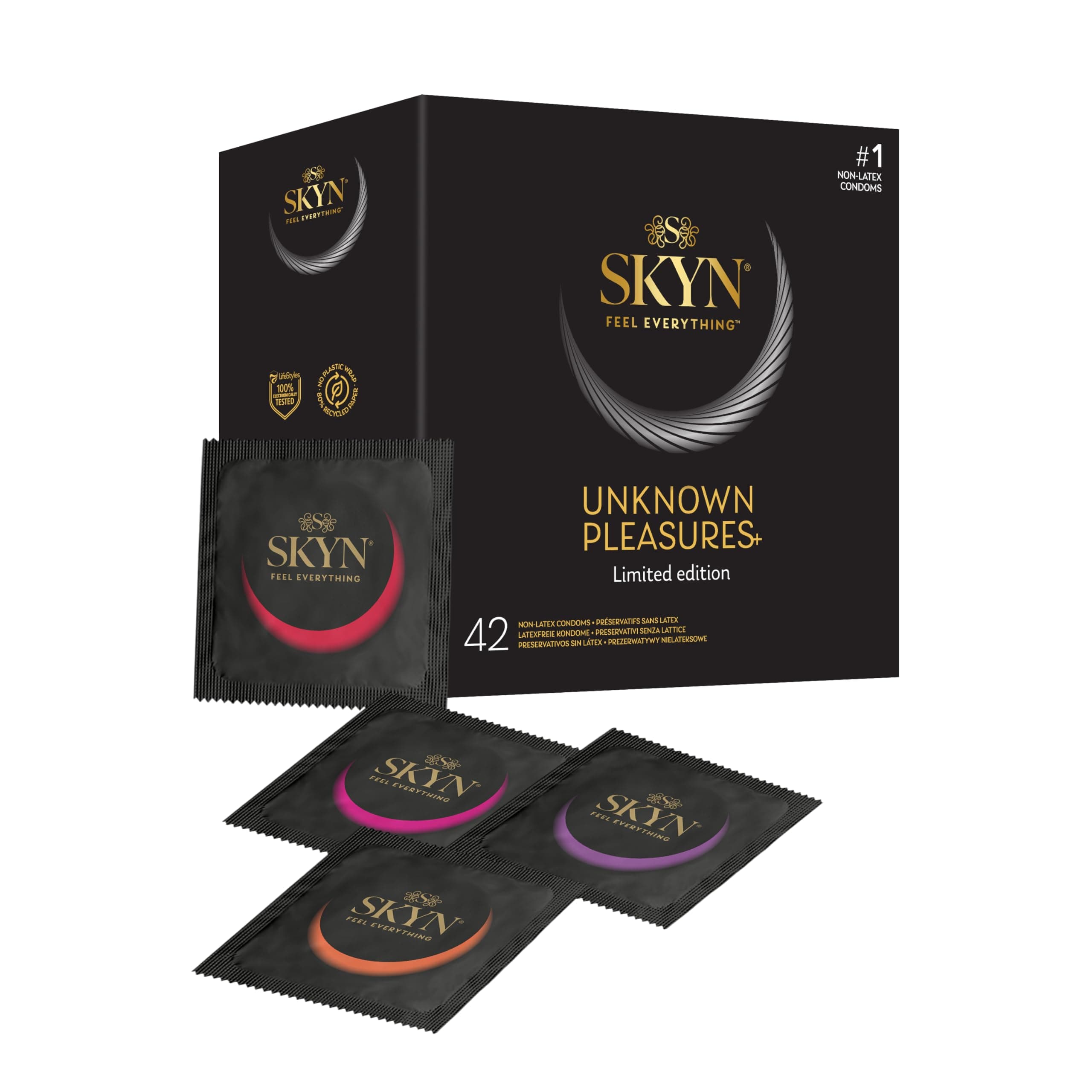 SKYN Unknown Pleasures + : Boîte de 42 préservatifs masculins sans latex / 6x texture intensément perlée, 24x goût de cocktails, 6x ultra-fins et ultra-doux, 6x effet chauffant