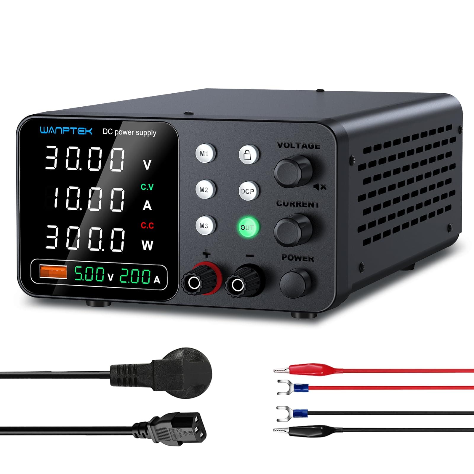 WANPTEK POWER Fuente Alimentacion Regulable, Fuente Laboratorio 30V 10A Ajustable con 3 Memorias y Llave de Bloqueo, Protección OCP/Salidas/Carga Rápida USB con Pantalla
