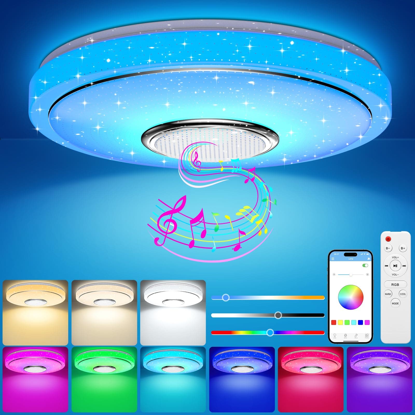 OGVDOE 48W Plafoniera LED Soffitto Dimmerabile Ø30CM Lampada da Soffitto RGB con Altoparlante Bluetooth Plafoniera LED RGB con Telecomando e Controllo APP per Bagno Soggiorno Camera da Letto