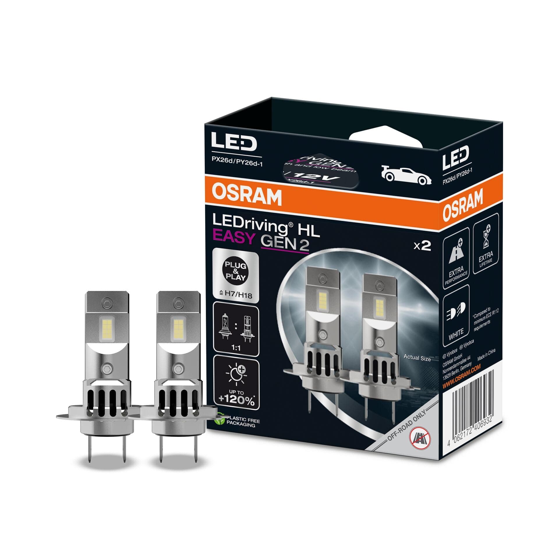 OSRAM LEDriving HL EASY GEN 2 ≜ H7/H18, lampada LED abbaglianti e anabbaglianti, bianco freddo 6500K, nessun accessorio necessario, solo per uso fuoristrada - no ECE, 2 lampade