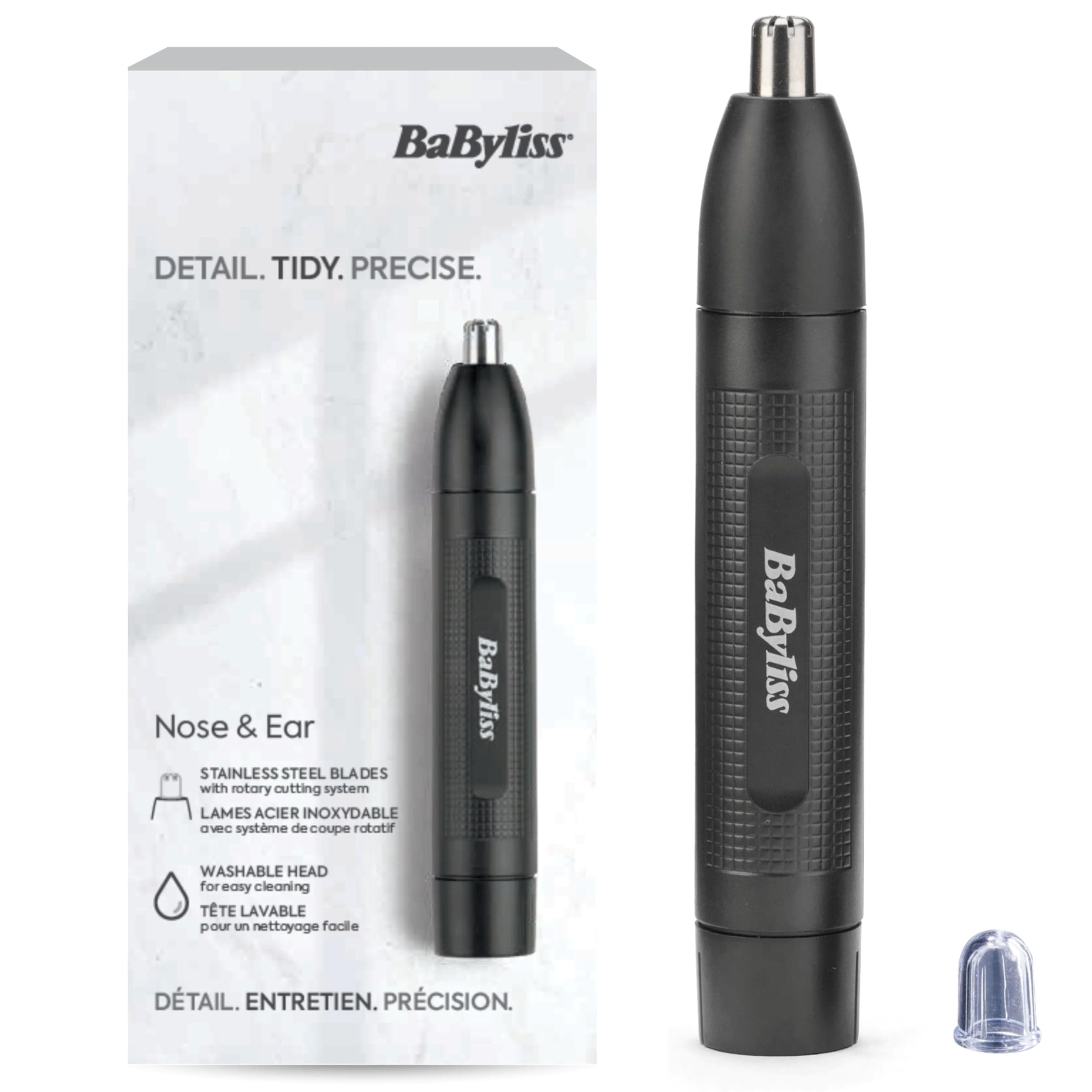 BaByliss Tondeuse Nez et Oreilles BaByliss - Système de coupe circulaire à 2 lames, Fonctionne sur pile, Acier inoxydable, Accessoires amovibles faciles à nettoyer, Noir, E650E