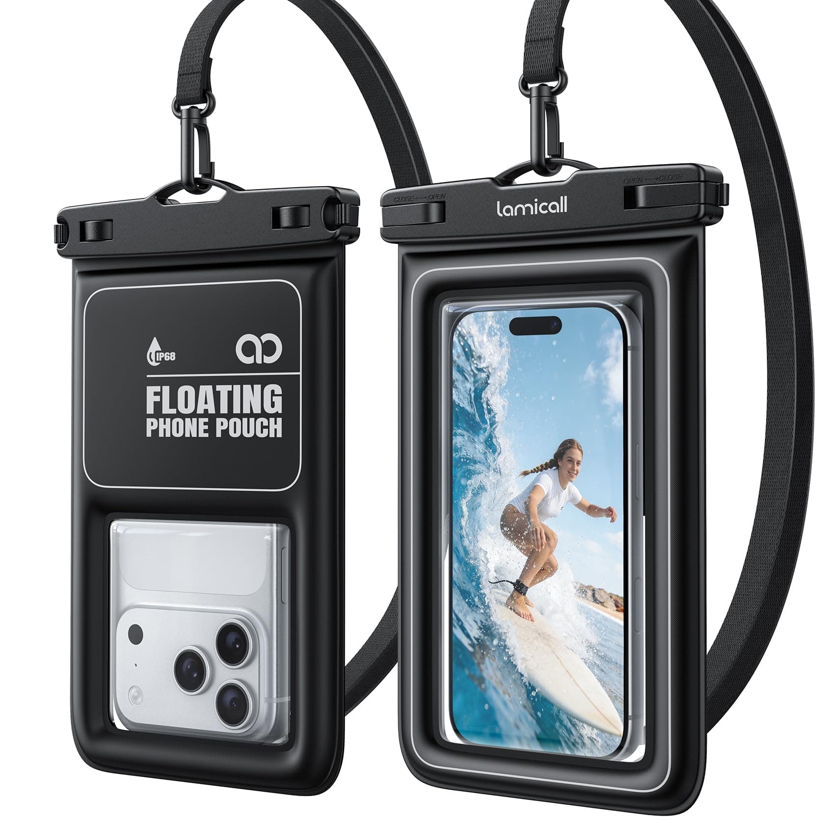 Lamicall Pochette Étanche Smartphone - [Flottabilité Supérieure] Lot de 2 IP68 Pochette Étanche Téléphone avec Cordon Réglable, HD Écran Tactile, Clip Sécurité, Sac Impermeable Universel jusqu'à 7,5"