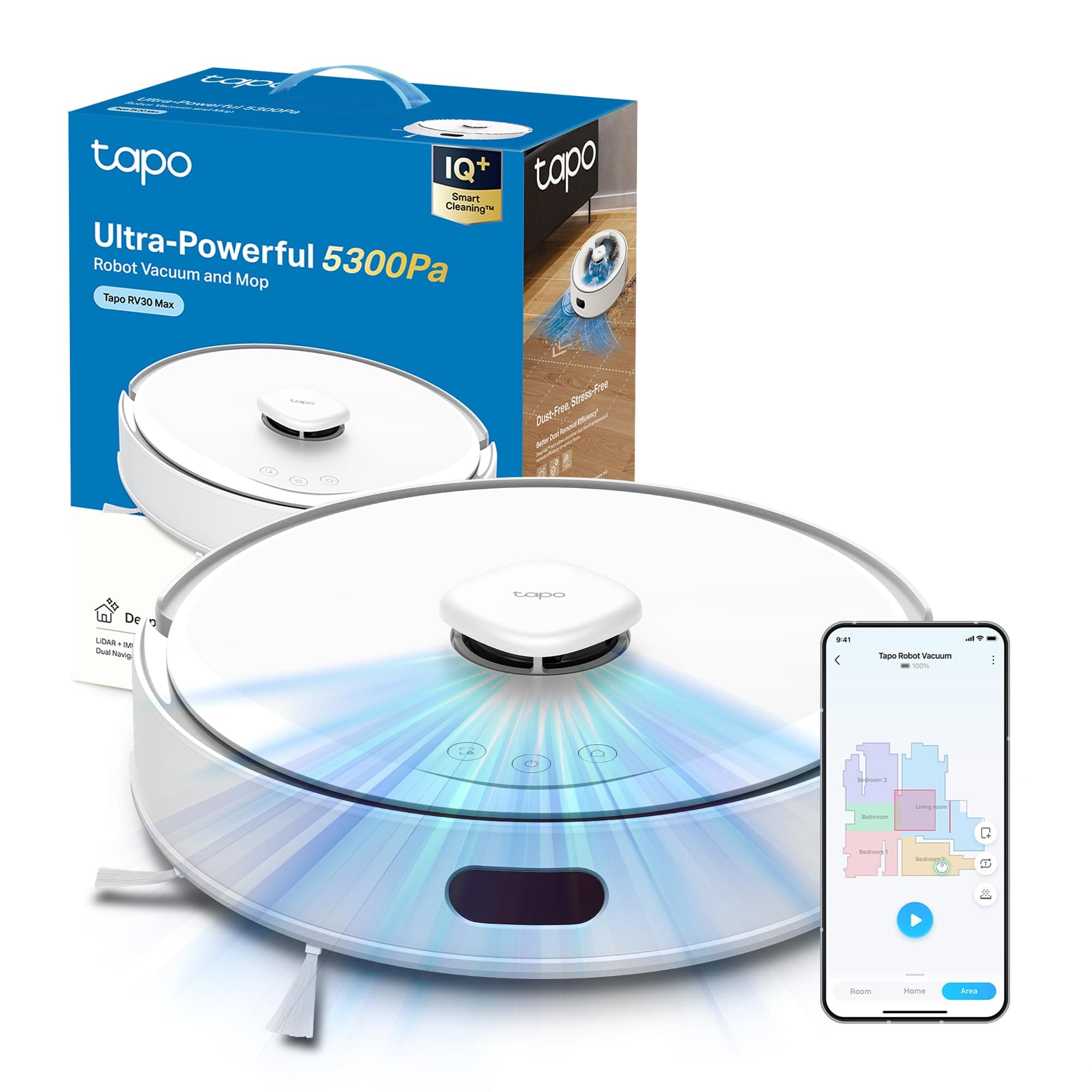Tapo RV30 Max White Robot Aspirapolvere Lavapavimenti con Mappatura 5300Pa, Doppia Navigazione LiDAR+IMU, Zone No-Go e Muri Virtuali, Controllo APP&Alexa&Google, Arrampicarsi fino a 22mm