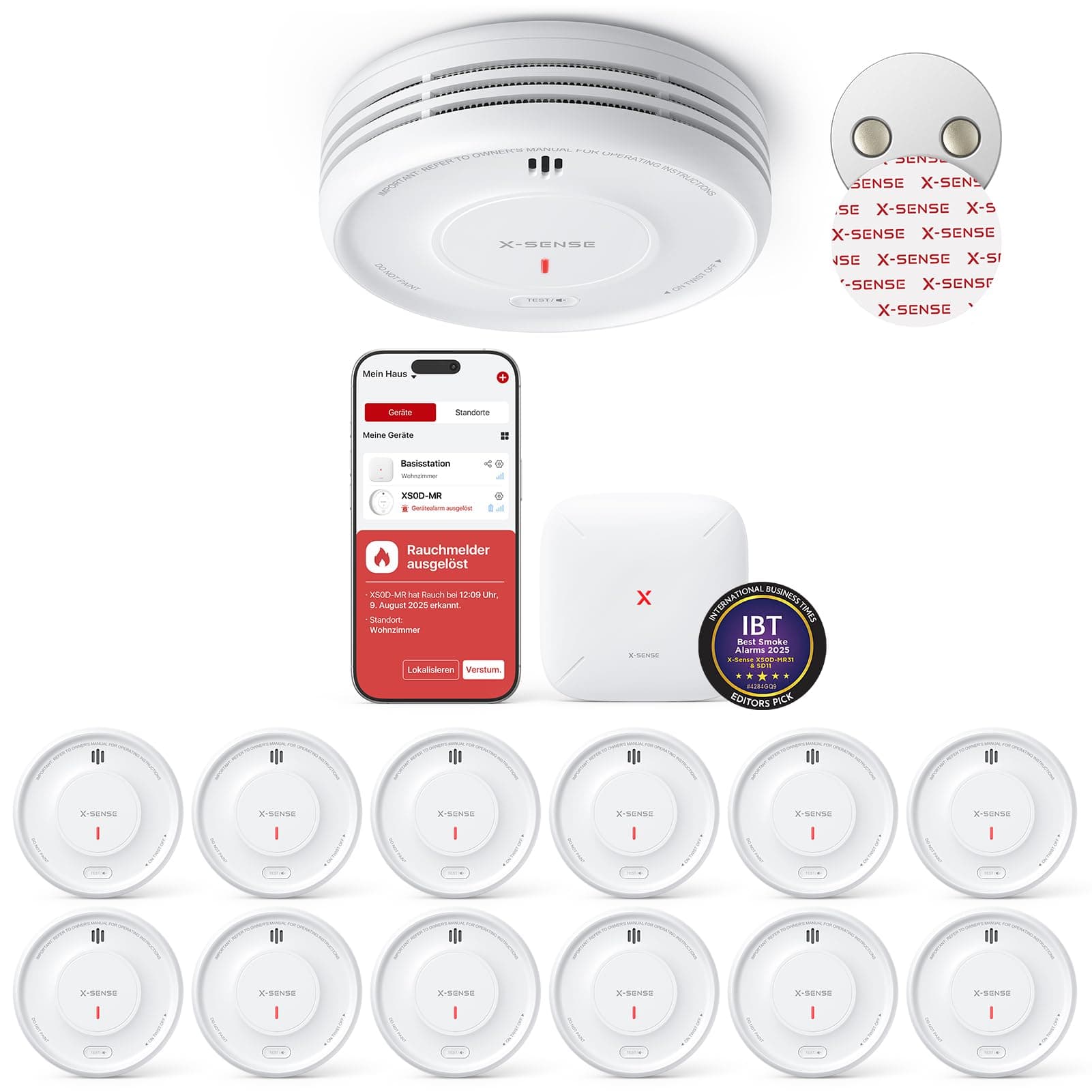 X-Sense Smart Rauchmelder WLAN mit Magnethalterung, vernetzter Feuermelder mit Basisstation SBS50, App-Funktion, Home-Assistant-kompatibel, austauschbare Batterie, XS0D-MR121