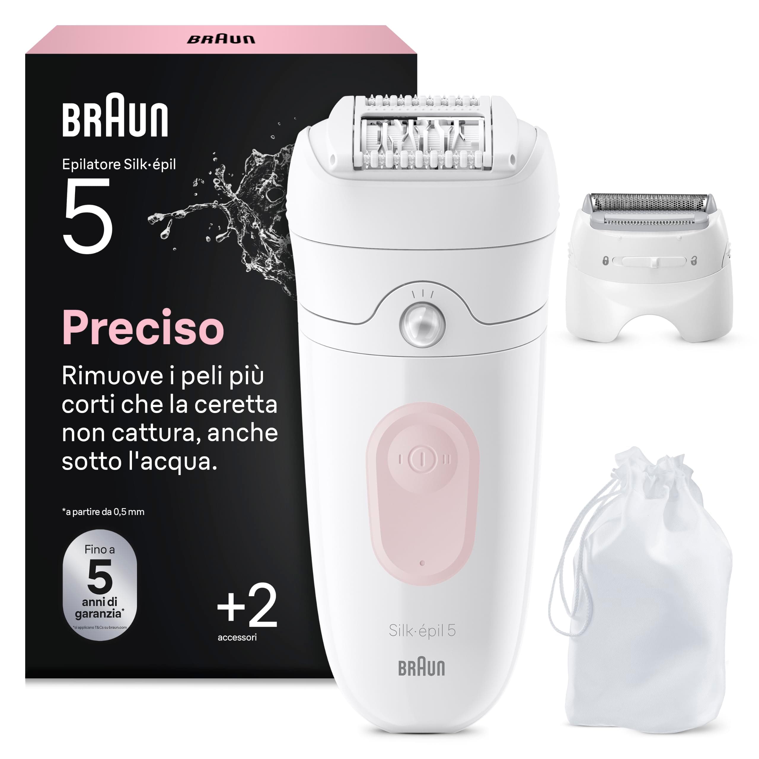 Braun Silk Epil 5 Epilatore Elettrico Donna, Rasoio Elettrico Donna, Wet&Dry, Rimozione Facile Peli, Pelle Liscia, Include Testina Radente E Cappuccio Regolatore, 5-030,Rosa Flamingo