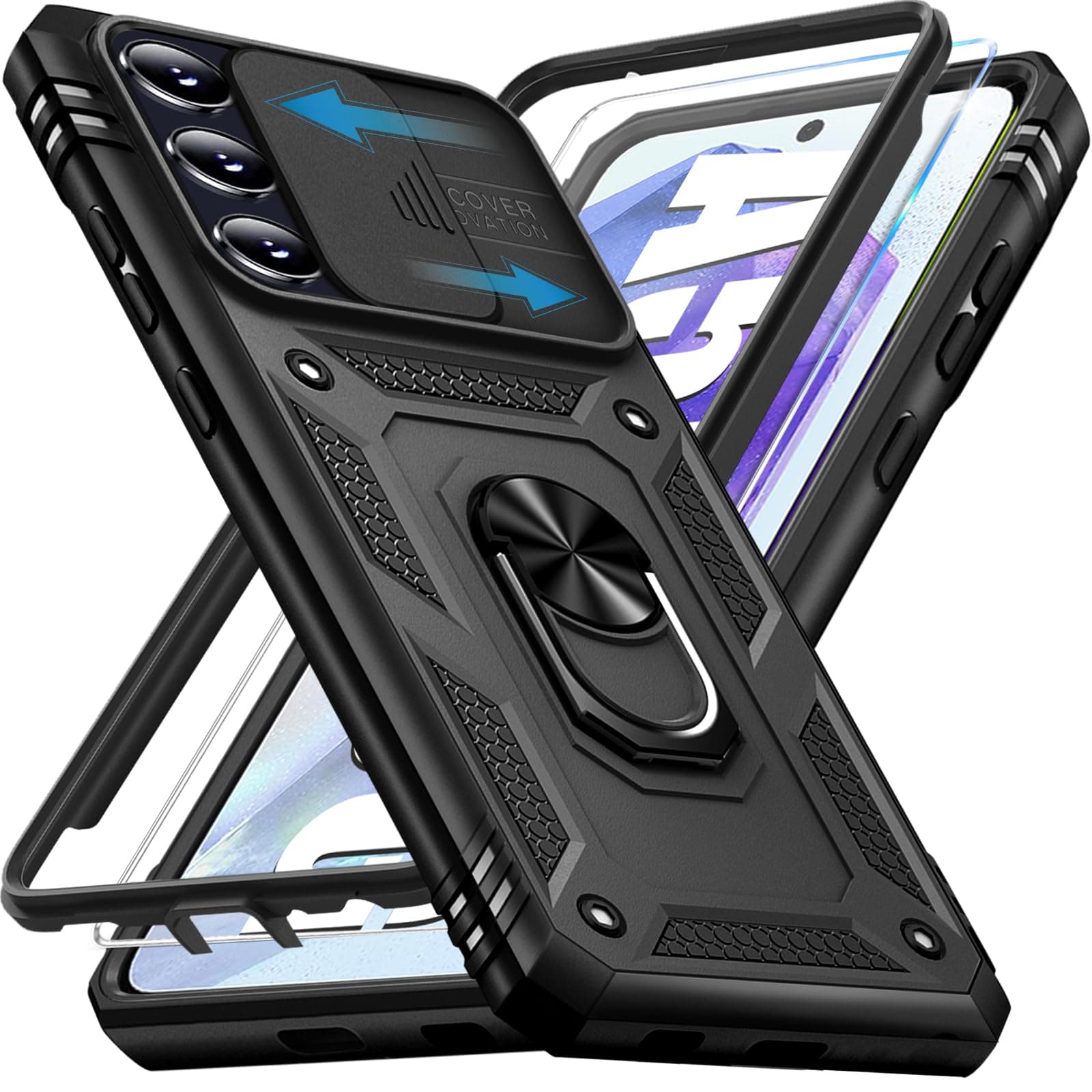 Giyer Cover per Samsung Galaxy A55 5G Custodia con Vetro Temperato, Antiurto Grado Militare 360° Anello Supporto Armor Bumper Case, Antiurto per Samsung A55 5G Cover (Nero)