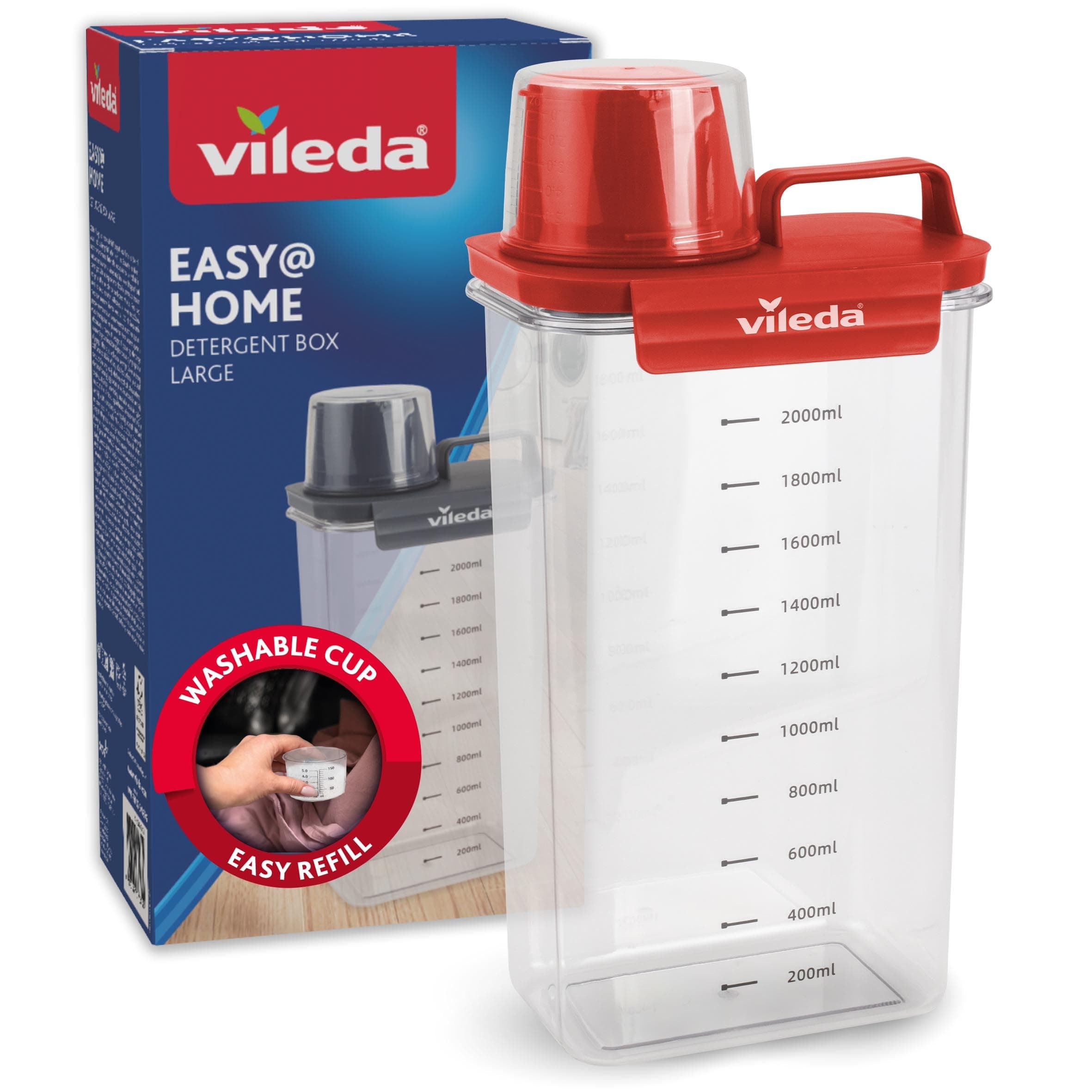 Vileda Waschmittelbox 2300ml rot - Praktische Aufbewahrungsbox für Waschpulver & Flüssigwaschmittel - Inklusive Messbecher für präzises Dosieren - Luftdichte & Platzsparende Waschpulverbox