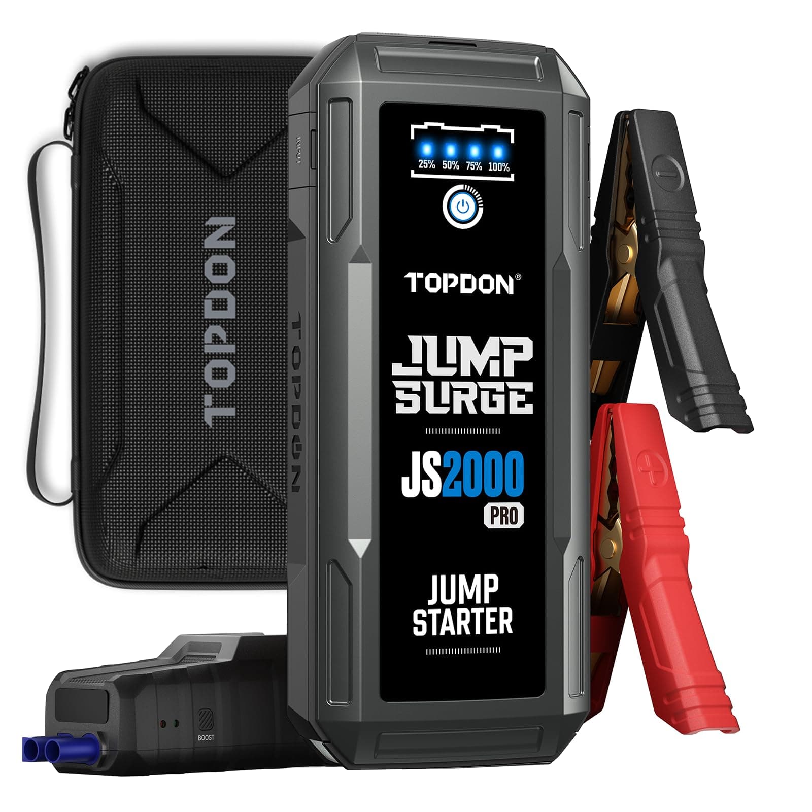 TOPDON JS2000 Pro Arrancador de Coches Portatil 2500A 16000mAh, Arrancador de Baterias de Coche 12V para Gasolina 8.0L y Diésel 6.0L, Car Jump Starter con Función Boost, Luz LED y Puertos USB-C