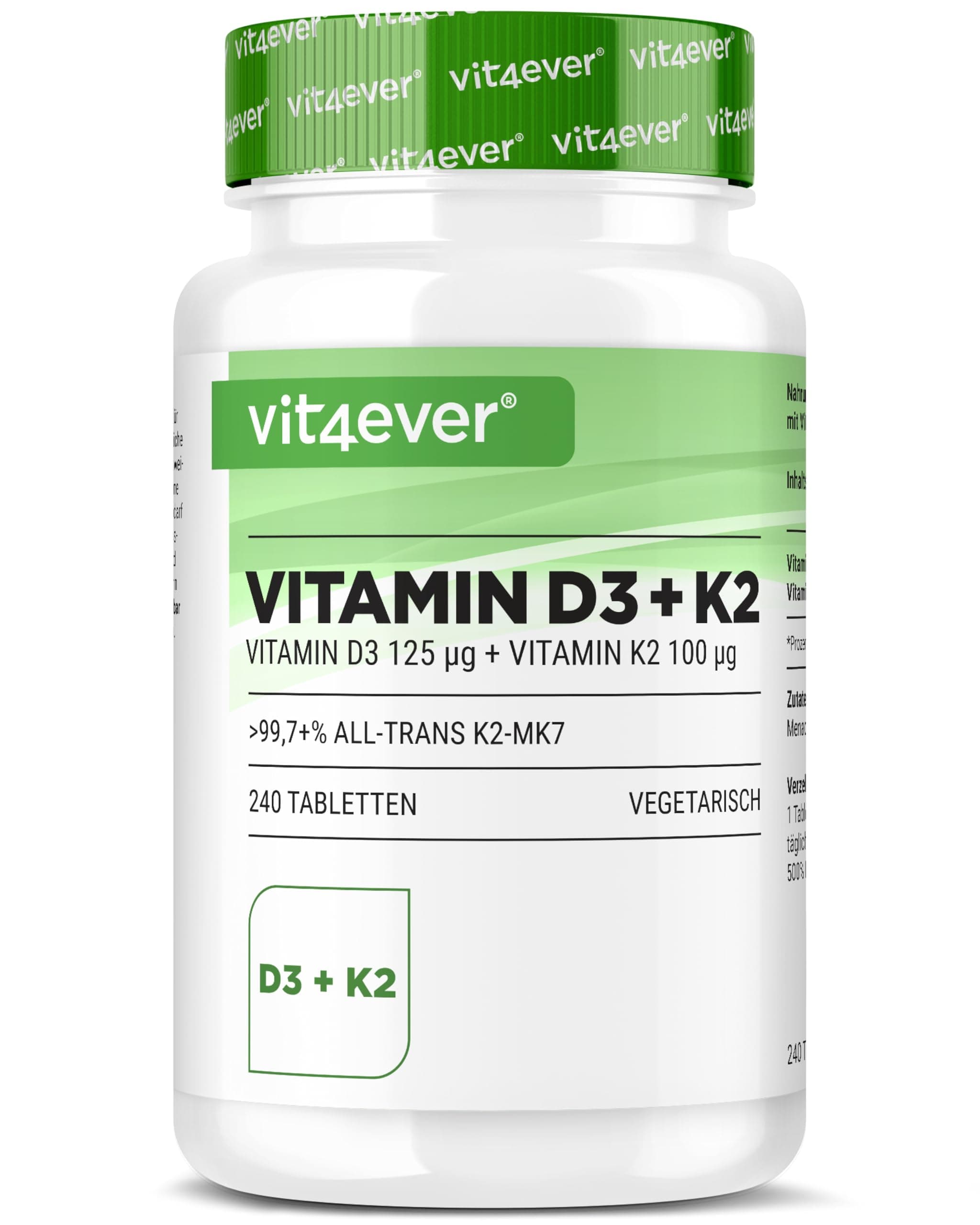 vit4ever Vitamin D3 + K2 Depot - 240 Tabletten - Premium Rohstoff: 99,7+% All-Trans - Mit 5000 I.E. Vitamin D3 pro Tablette - Vegetarisch - Premium Qualität - Ohne unnötige Zusätze
