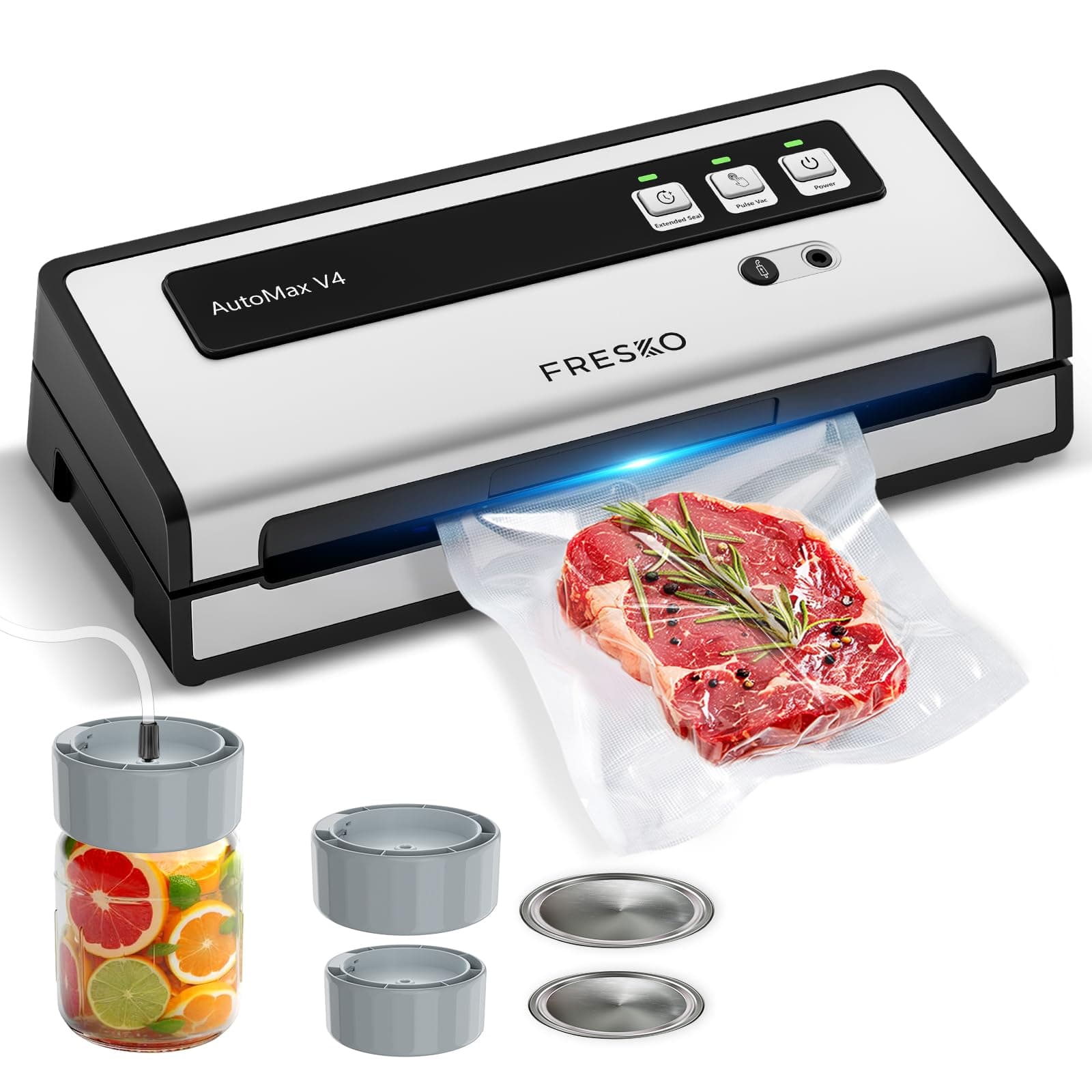 FRESKO Macchina Sottovuoto Alimenti Automatica, 140W con Doppia Sigillatura a Caldo, Modalità Secco/Umido,Include 10 Sacchetti Pre-tagliati e 4 Kit sigillatore Mason Jar
