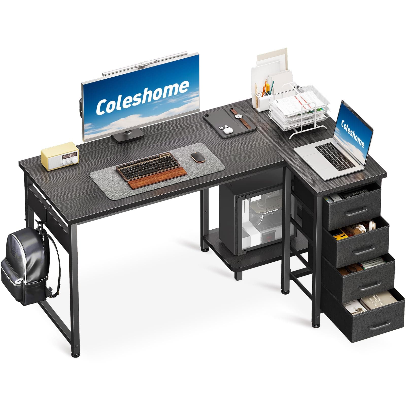 Coleshome Scrivania Angolare, 120x70cm Scrivania a L con 4 Cassetti, Tavolo da Lavoro Reversibile per Ufficio/Camera da Letto, Nero