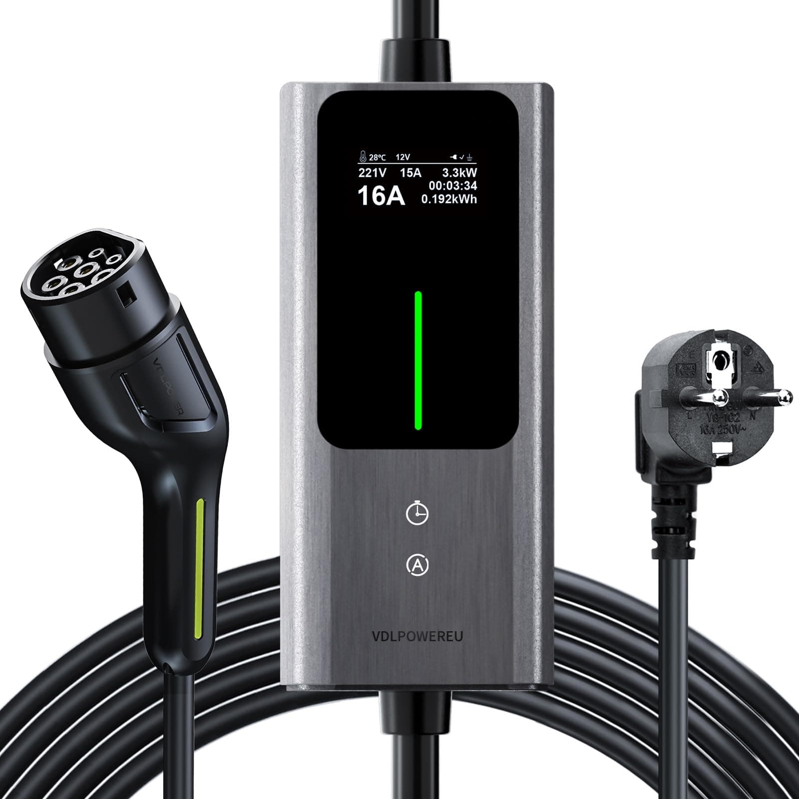 Cargador Coche Eléctrico Tipo 2 | 3,68kW | 6-16A | 5M Cargado EV Portátil, Cargador Vehiculo Electrico de Corriente Ajustable con antalla Digital, IP65, IEC 62196-2 VDLPOWEREU