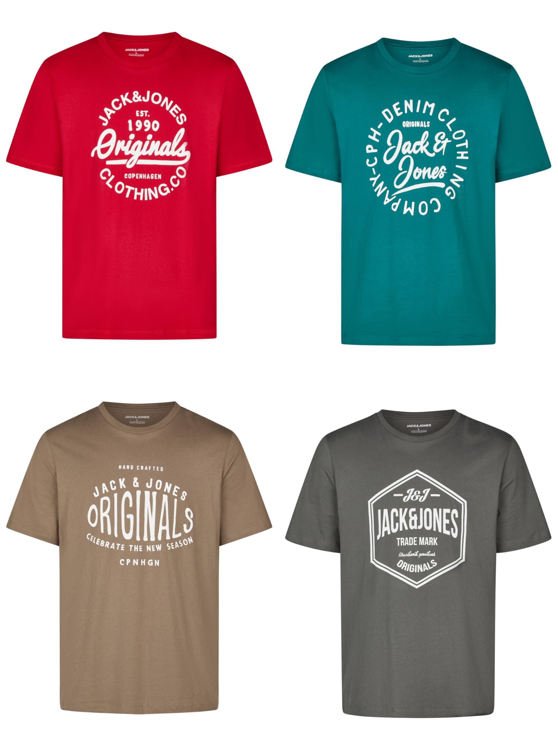 JACK & JONES Tshirt Herren Regular Fit JJLINO 4er Pack Set Pack Rundhals Kurzarm Sommer Tee Shirt Print Schwarz Weiß Grün Rot Blau Grau S M L XL XXL 3XL