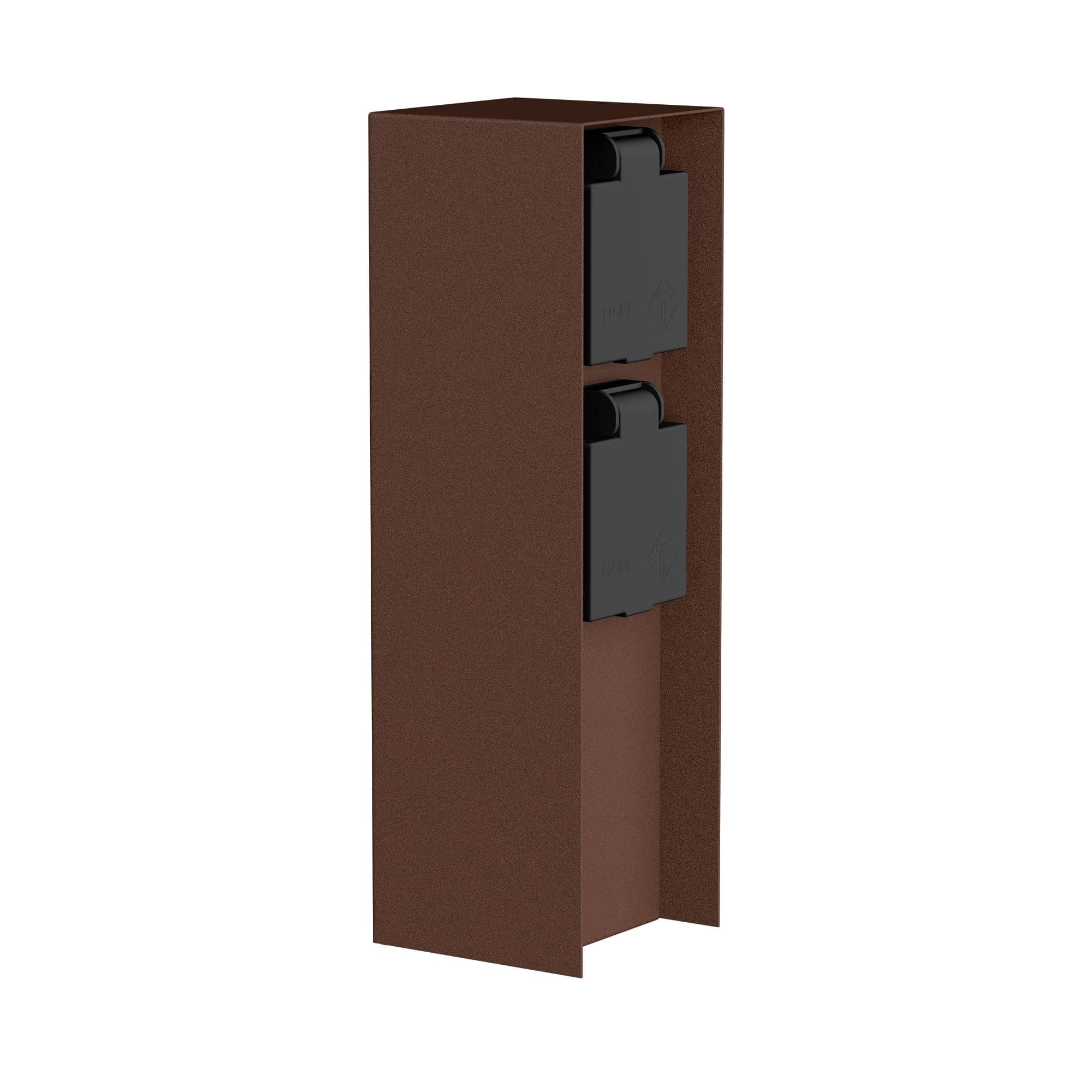 ledscom.de Garten Steckdosensäule POMI für außen, IP44, 2-Fach, Edelstahl, braun, eckig, 23 cm