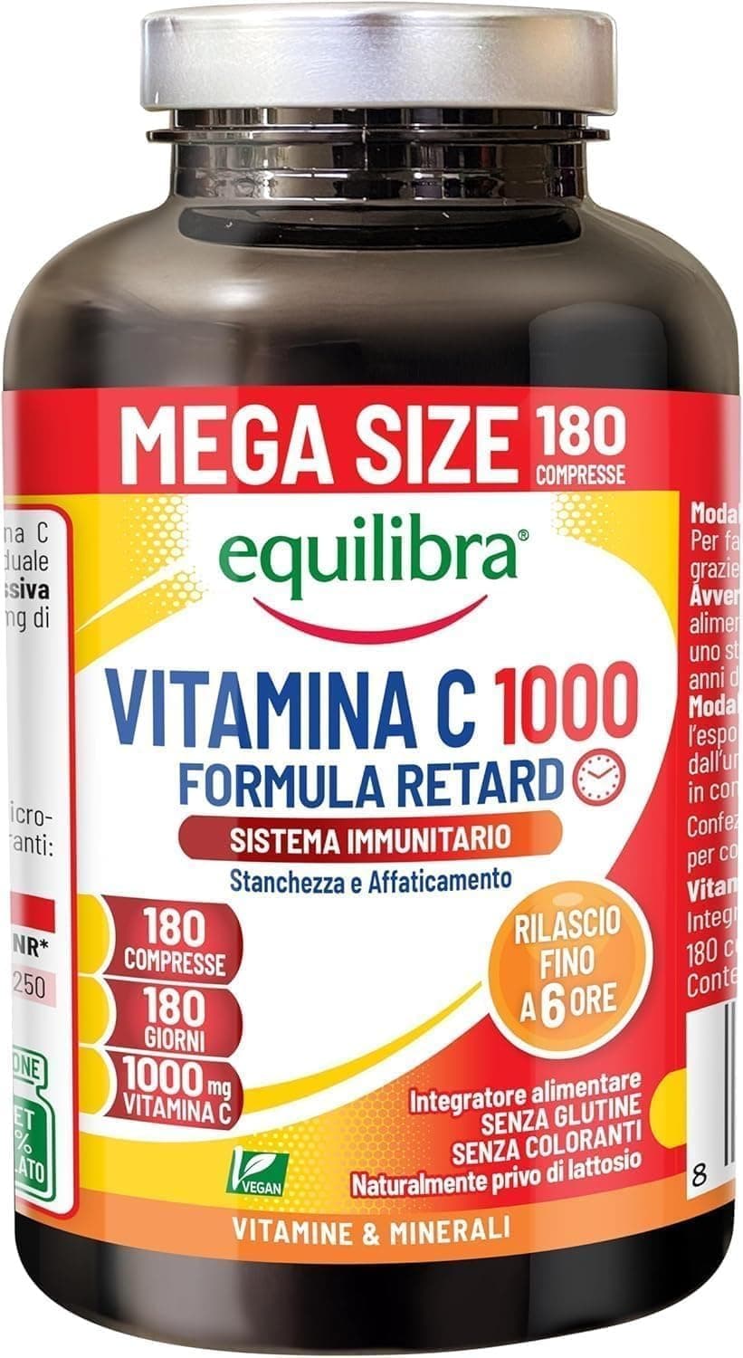 Equilibra Vitamina C Altodosata 1000 mg, Rilascio Prolungato Fino a 6 Ore, Vegan, 180 compresse, Scorta 6 Mesi, per la Normale Funzione del Sistema Immunitario, Senza Glutine, Privo di Lattosio