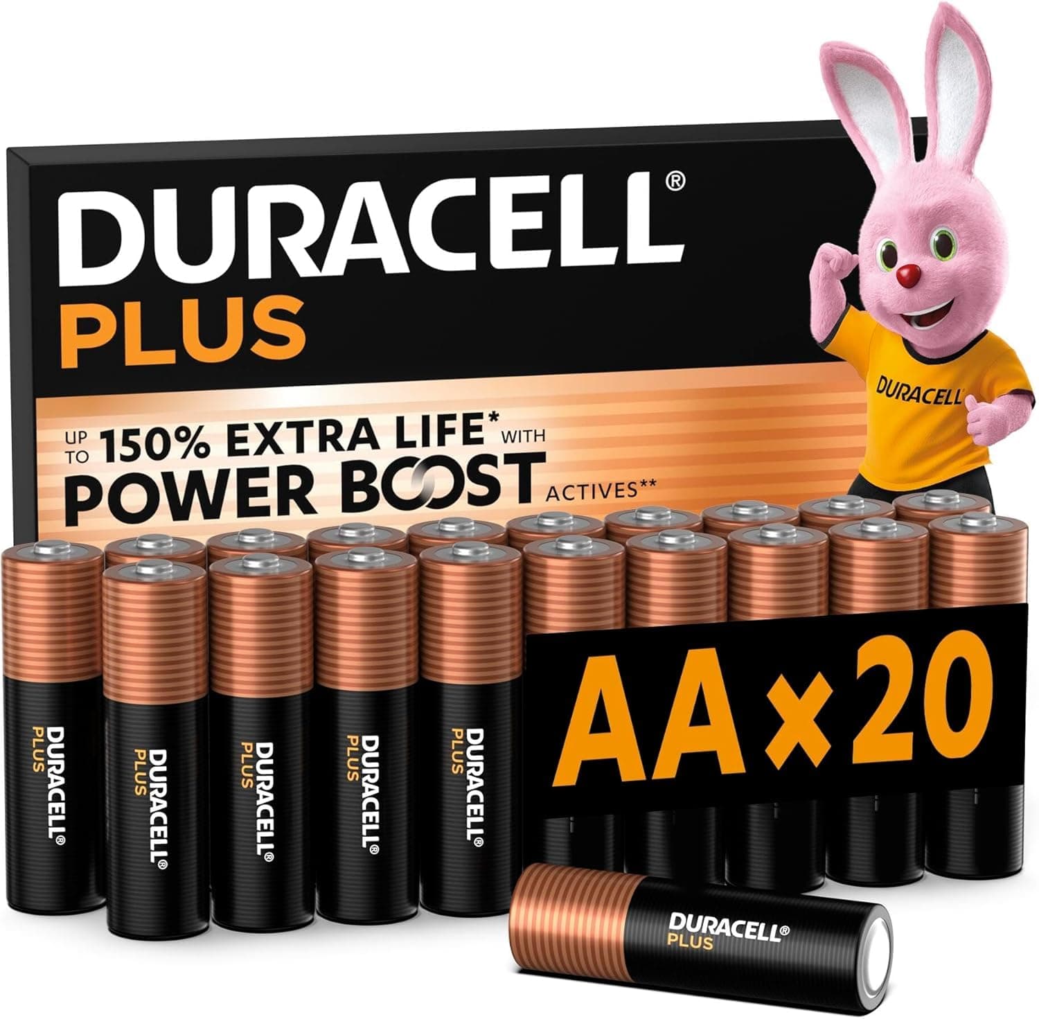 DURACELL Plus Pilas AA (Paquete de 20) – Pilas alcalinas 1,5 V – Hasta un 150 % de duración extra con activos POWER BOOST–Fiabilidad para dispositivos cotidianos–Envase con 0 % de plástico–MN1500