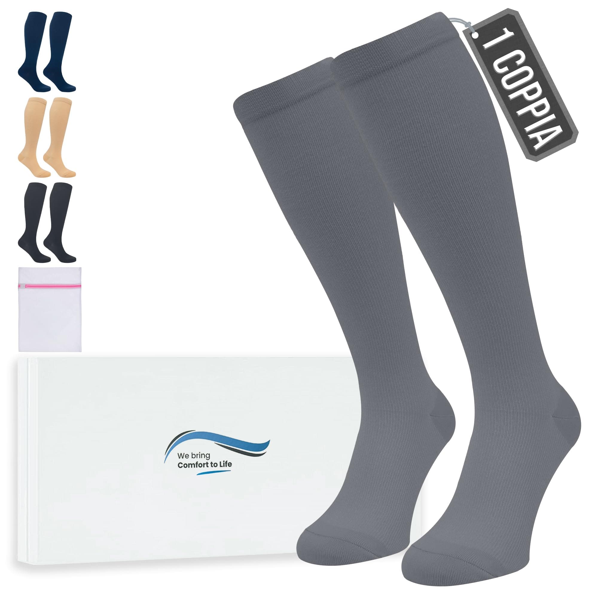 360 Relief Calze Compressione Graduata Donna e Uomo - 1 Coppia Solido Colore Gambaletti Compressione Graduata per Sports, Running, Viaggio, Ciclismo, Lavoro - XXL Grigio con Borsa Lavanderia