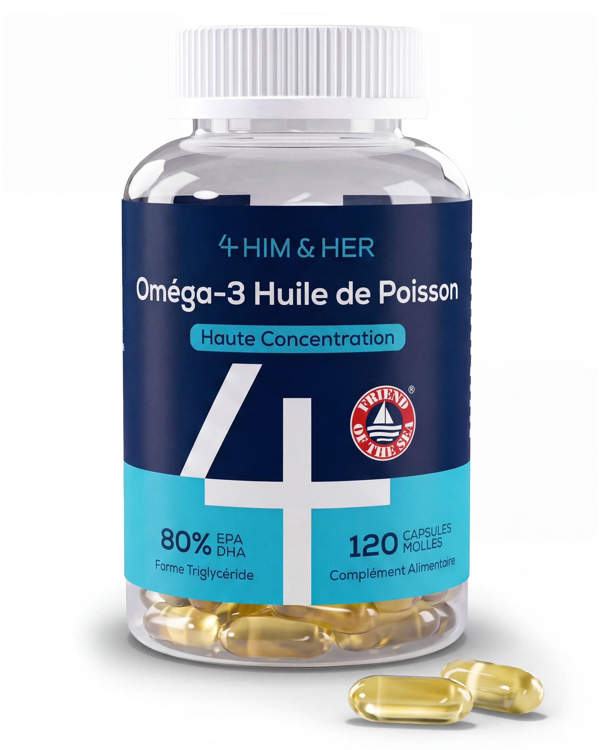 Oméga 3 EPA et DHA Gélules 1334mg Haute Concentration – pour Cœur et Cerveau – Sans Goût de Poisson et Facile à Avaler – 668mg EPA, 500mg DHA – 80% rTG – Huile de Poisson – Cure 2 Mois – 4 HIM & HER