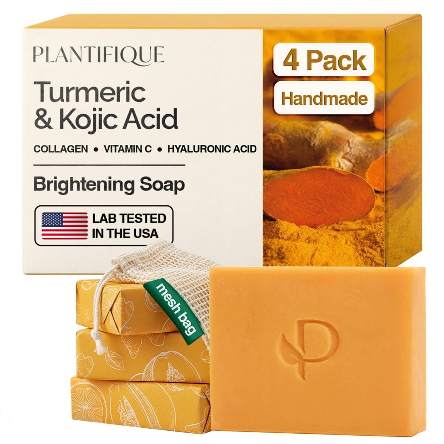 PLANTIFIQUE Kojic Acid Soap | Testado en Laboratorio | 4 Barras Jabón de Cúrcuma para las Manchas | Con Vitamina C, Ácido Hialurónico y Colágeno | Turmeric & Kojic Acid Soap 320g