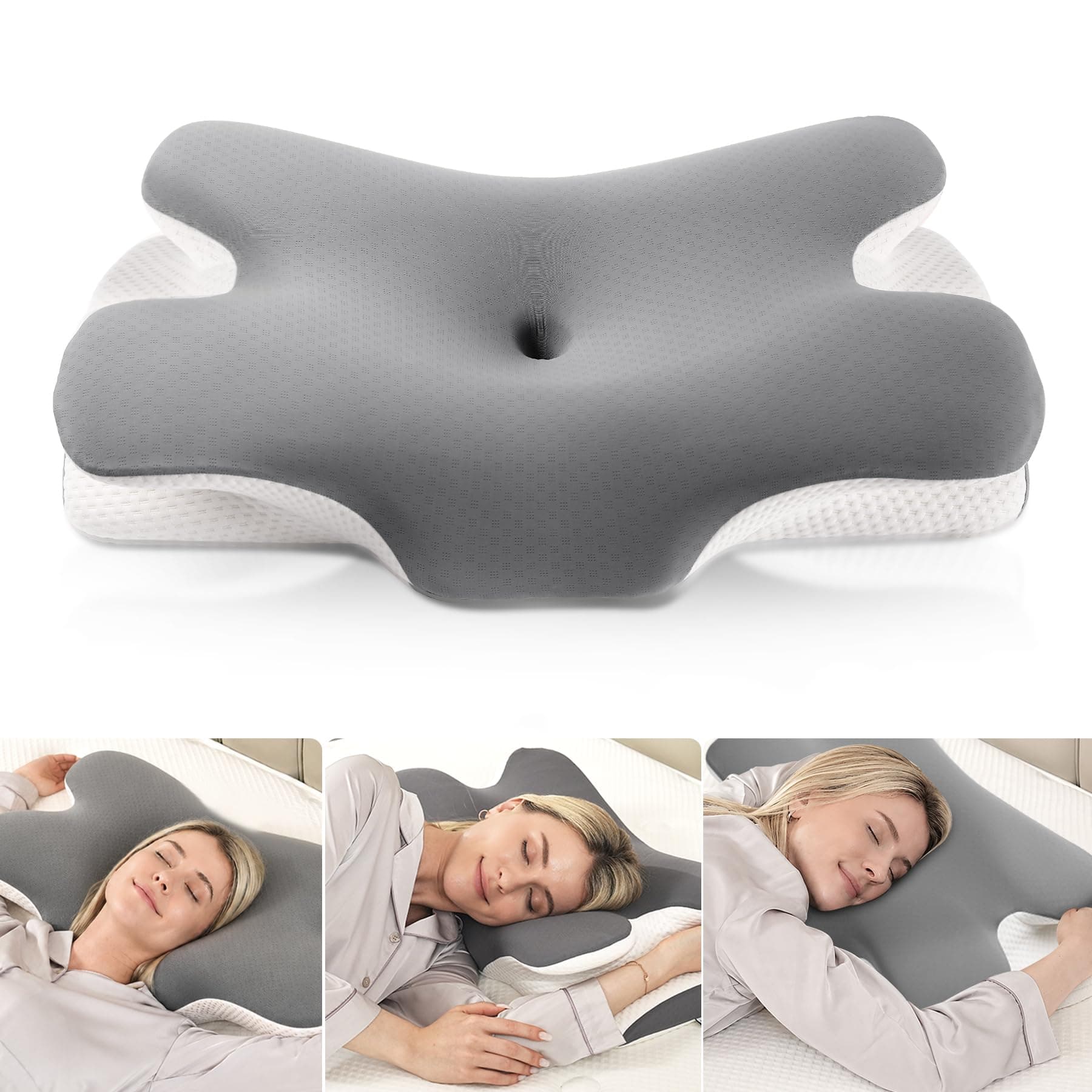 MULISOFT Almohada Cervicales y Cuello, Almohada Cervical de Espuma Viscoelástica, 2 en 1 Almohada Ergonómica Mariposa para Dormir de Lado, Boca Arriba y Boca Abajo, 67x36x10/12 cm, P-105 Gris