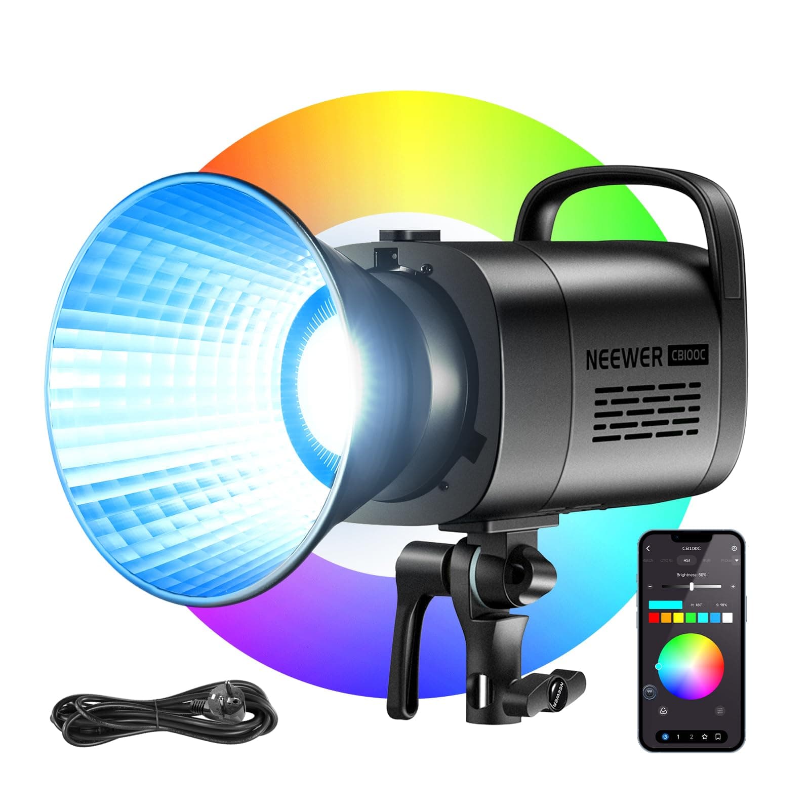 NEEWER CB100C 130w RGB LED Luz Video App/2.4G Control 360° Todo Color 2700K-6500K 27000lux/m COB Bowens Mount Foco Iluminación Lámpara Continua Silenciosa TLCI/CRI97+ 17 Escena para Estudio Fotografía