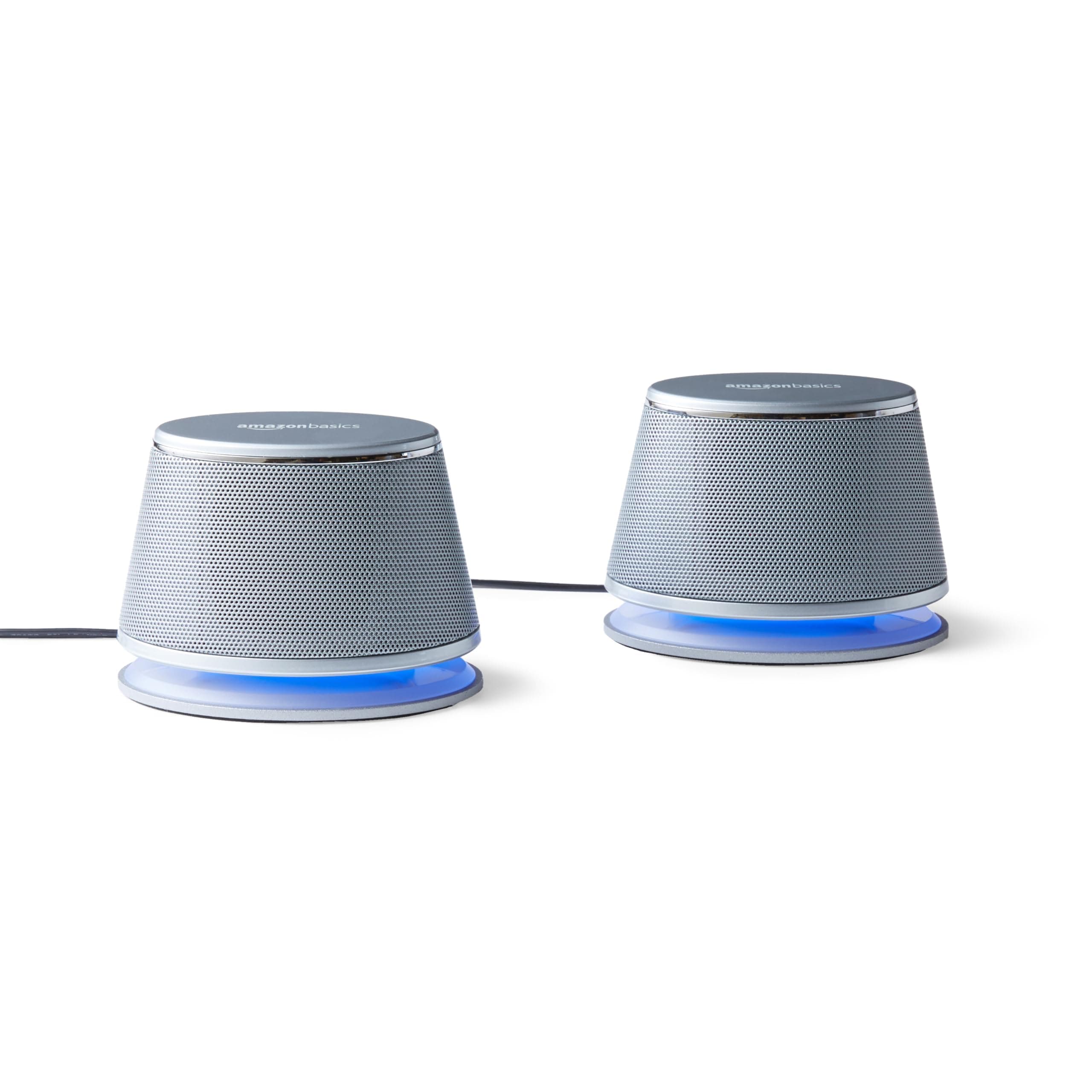 Amazon Basics Stereo-2.0-Lautsprecher für PC oder Laptop, 3,5-mm-AUX-Eingang, USB-Stromversorgung, 1 Paire, Silber