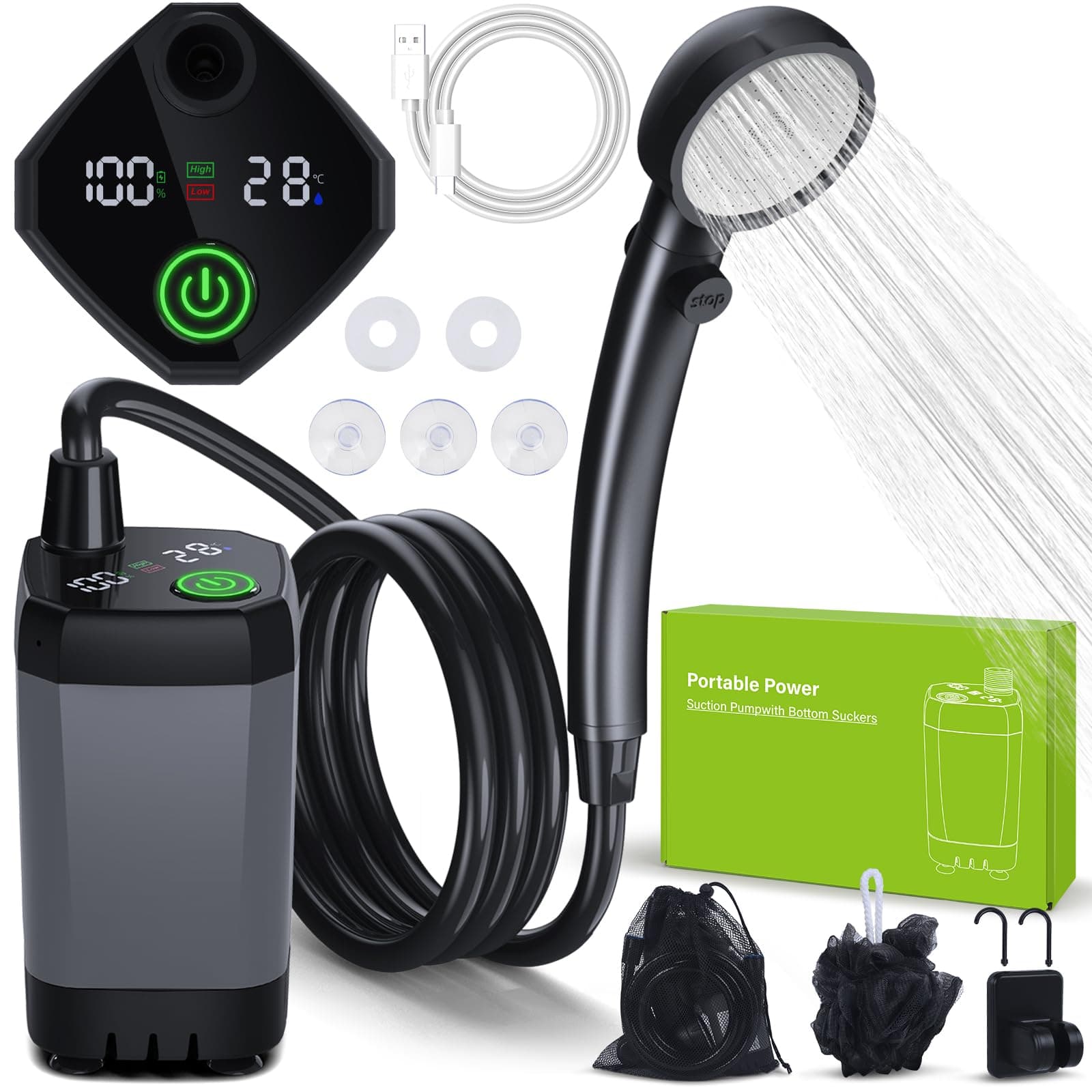 Spopal Ducha Portatil Camping, [Pantalla Temperatura] 6000mAh Recargable Ducha Camper, Modo de Doble Velocidad, Ducha Electrica para Acampar, Hacer Caminatas, Duchas para Perros