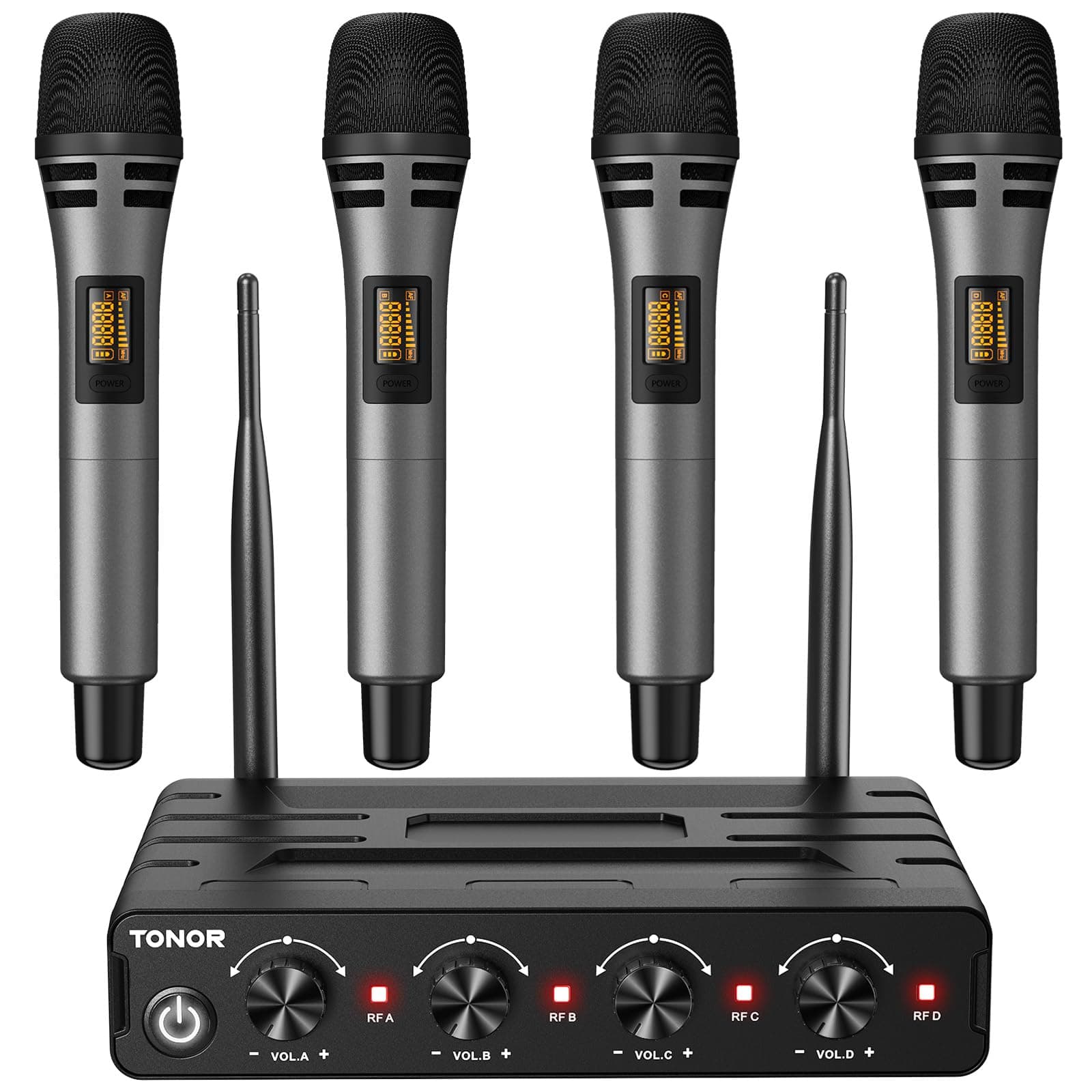 TONOR Microfono Inalambrico, 4x5 Canal UHF Micro, Micrófono Dinámico de Mano con Receptor, Multiset Operación, 60m Ideal para Karaoke Canto, Boda, Iglesia, reunión, Plata, PA, Amplificador