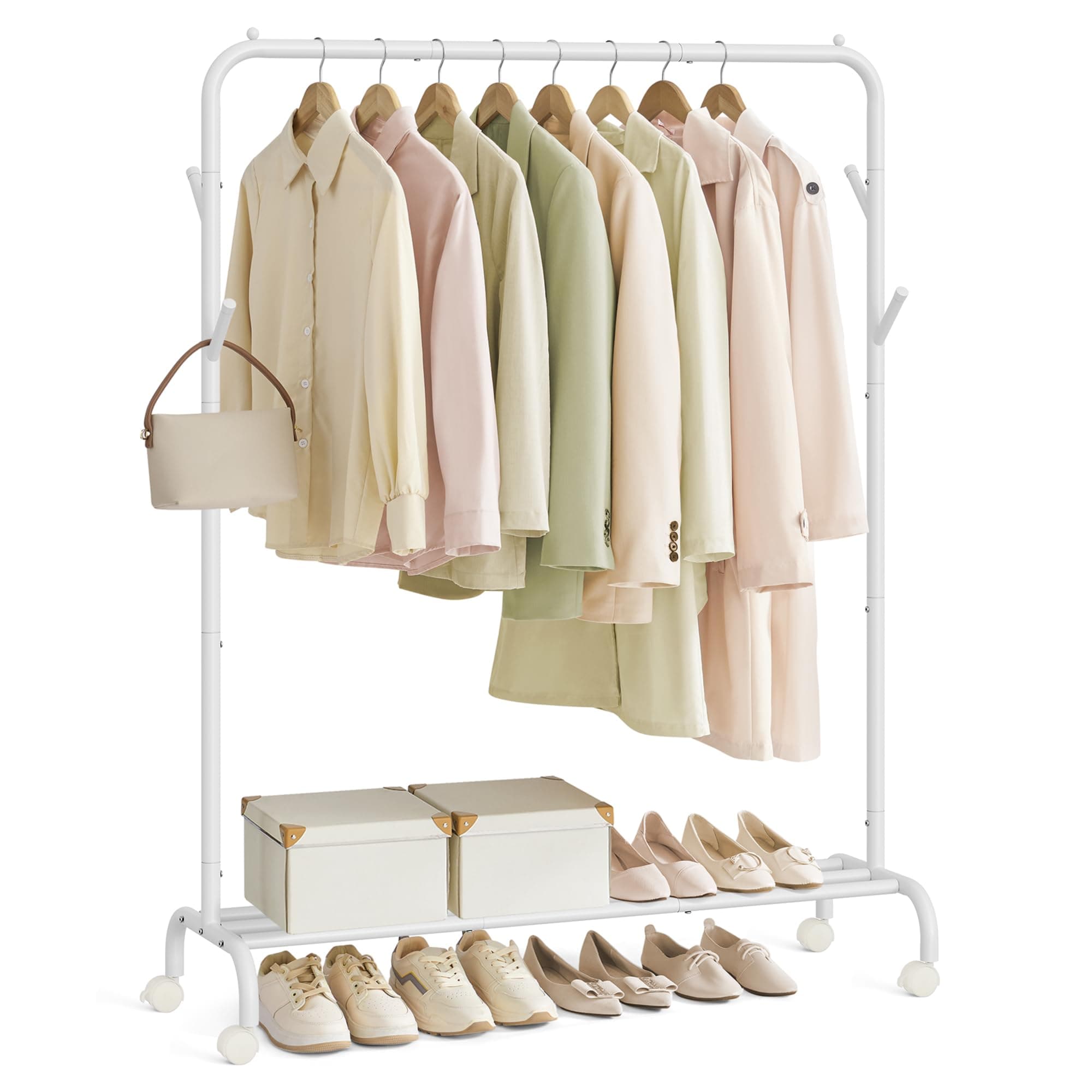 SONGMICS Perchero para Colgar Ropa Individual, Marco de Metal Resistente, con Ruedas y Estante, 50 kg de Carga máxima Total, 103,5 cm de Ancho, Almacenamiento de Ropa, Color Blanco Nube HSR131W01