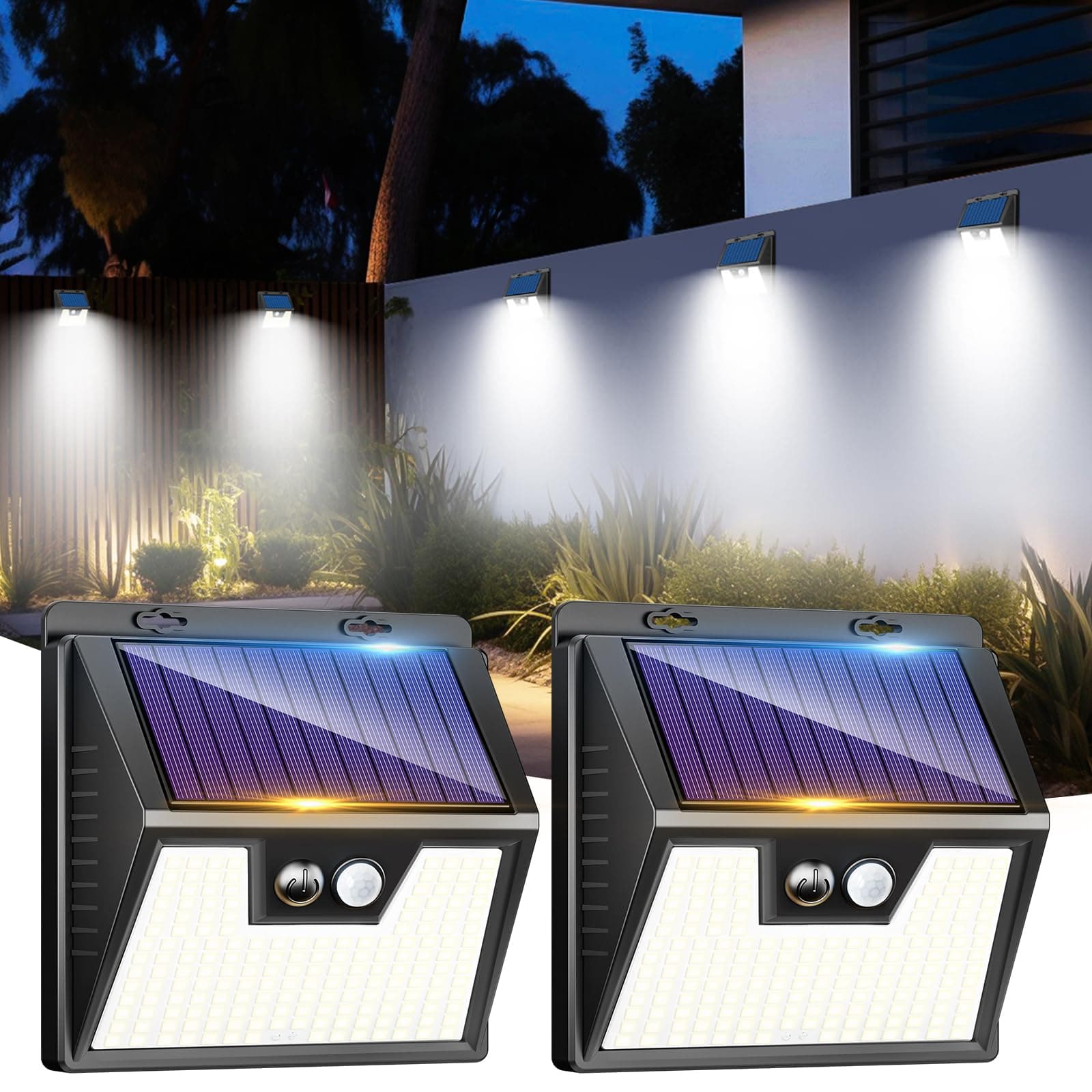 LOTMOS 2 Pezzi Luce Solare Led Esterno con Sensore di Movimento, 176 LED Faretto Led da Esterno IP65 Impermeabile, 3 Modalità Lampade Luci Solari da Giardino per Garage Parete, Bianco Freddo