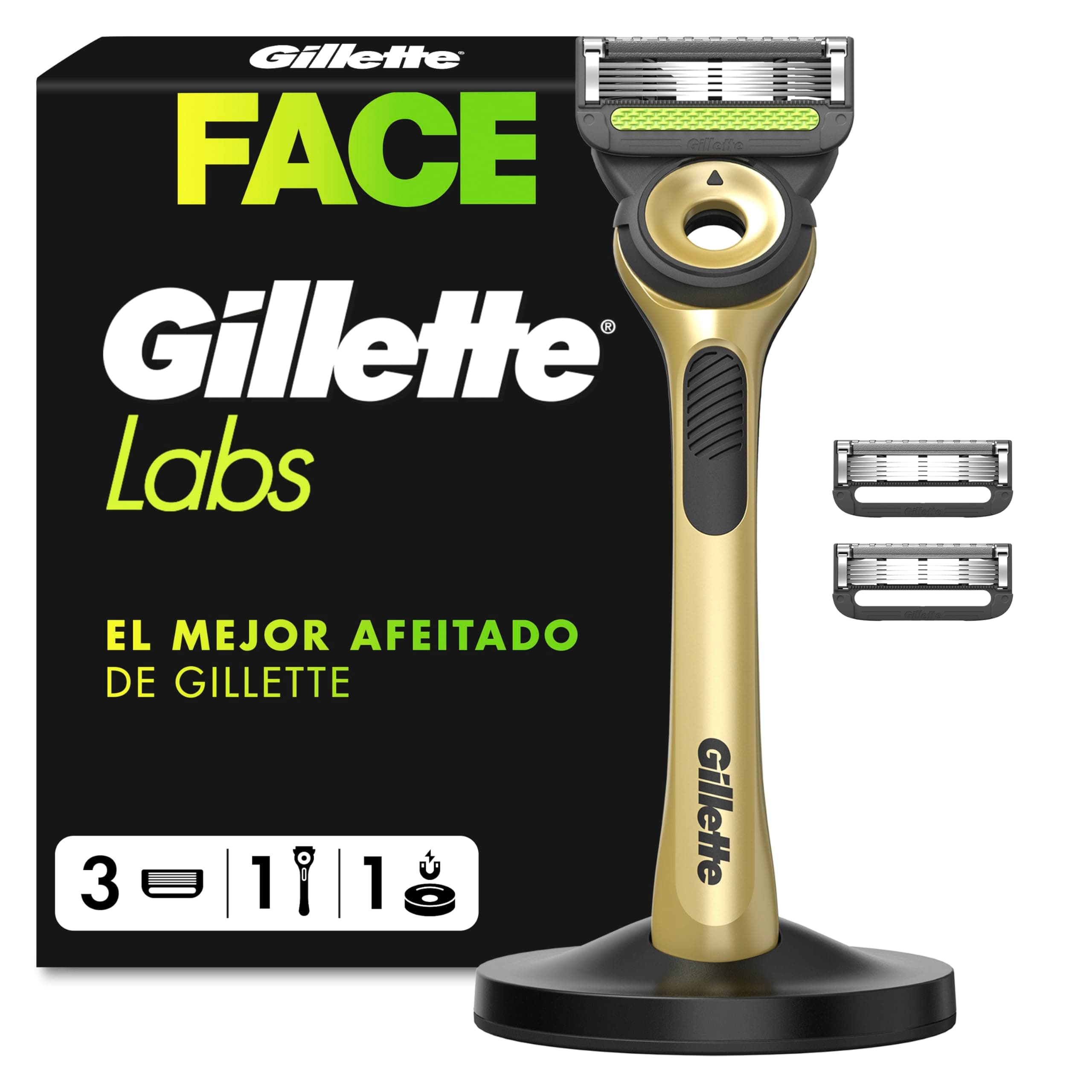 GilletteLabs Maquinilla de Afeitar Champion Gold Edition con Recambios, 1 Mango de Metal con Barra Exfoliante Integrada, 3 Cuchillas con Banda Lubricante, 1 Soporte Magnético