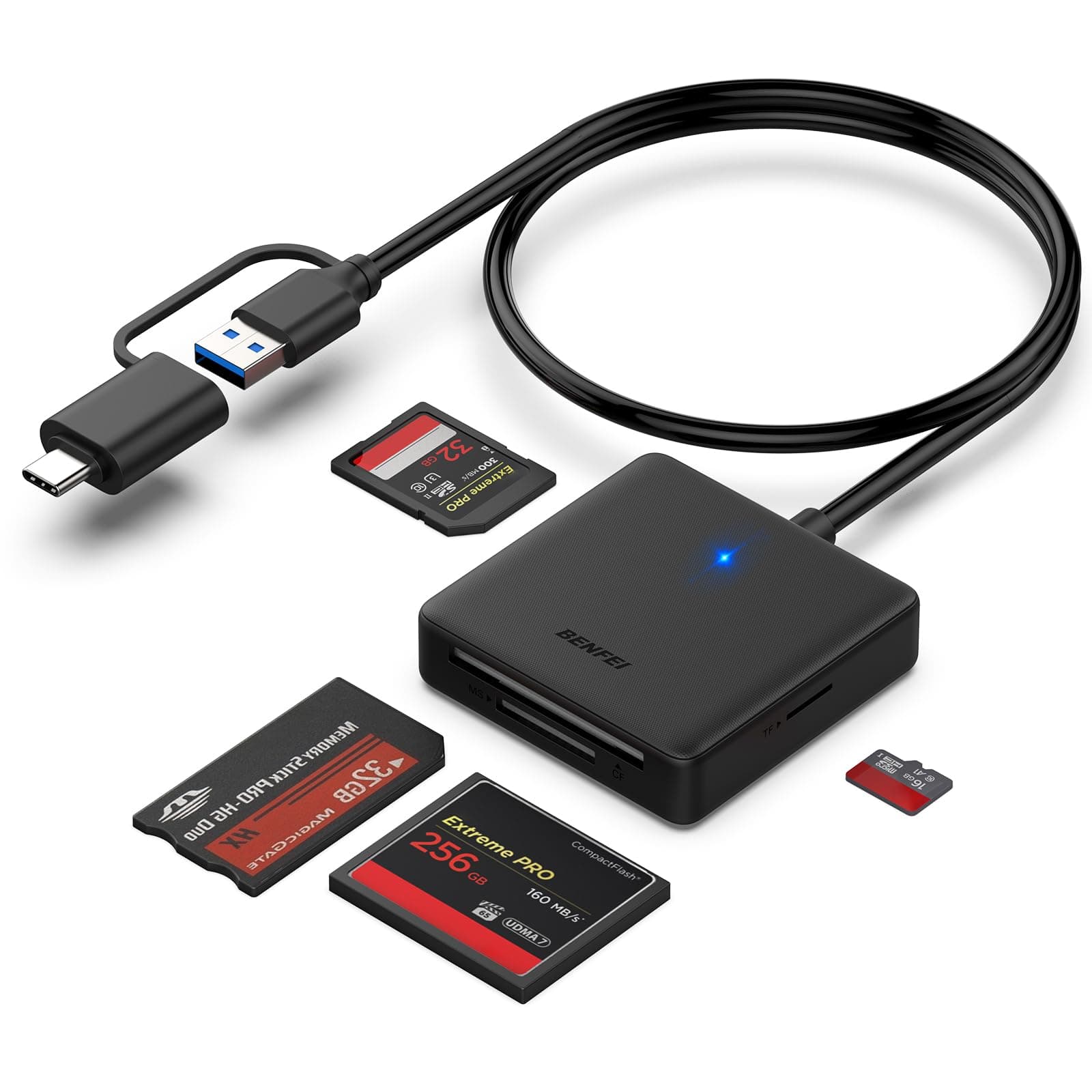 Lettore di schede di memoria, BENFEI 4 in 1 USB 3.0 e USB-C a SD Micro SD MS CF Card Reader Adapter, 4 schede contemporaneamente lettura e scrittura, compatibile con iPhone serie 15, MacBook Pro/Air