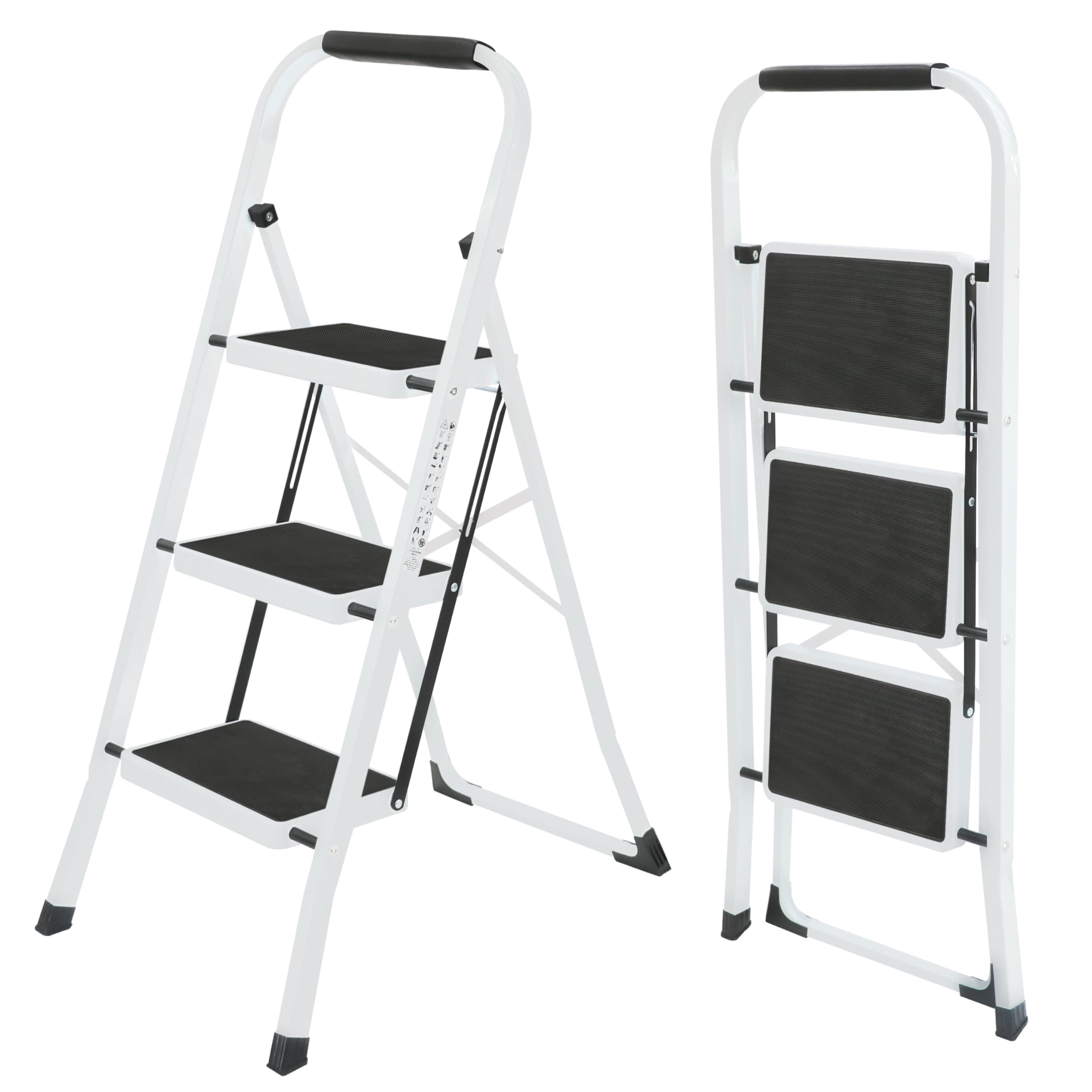 UZIRO Escalera Plegable 3 Peldaños -Estructura de Acero y Peldaño Antideslizante - Asa Superior de Goma - Escaleras Plegables Domésticas - Step Ladder para Hogar (Blanco, 3 Peldaños)
